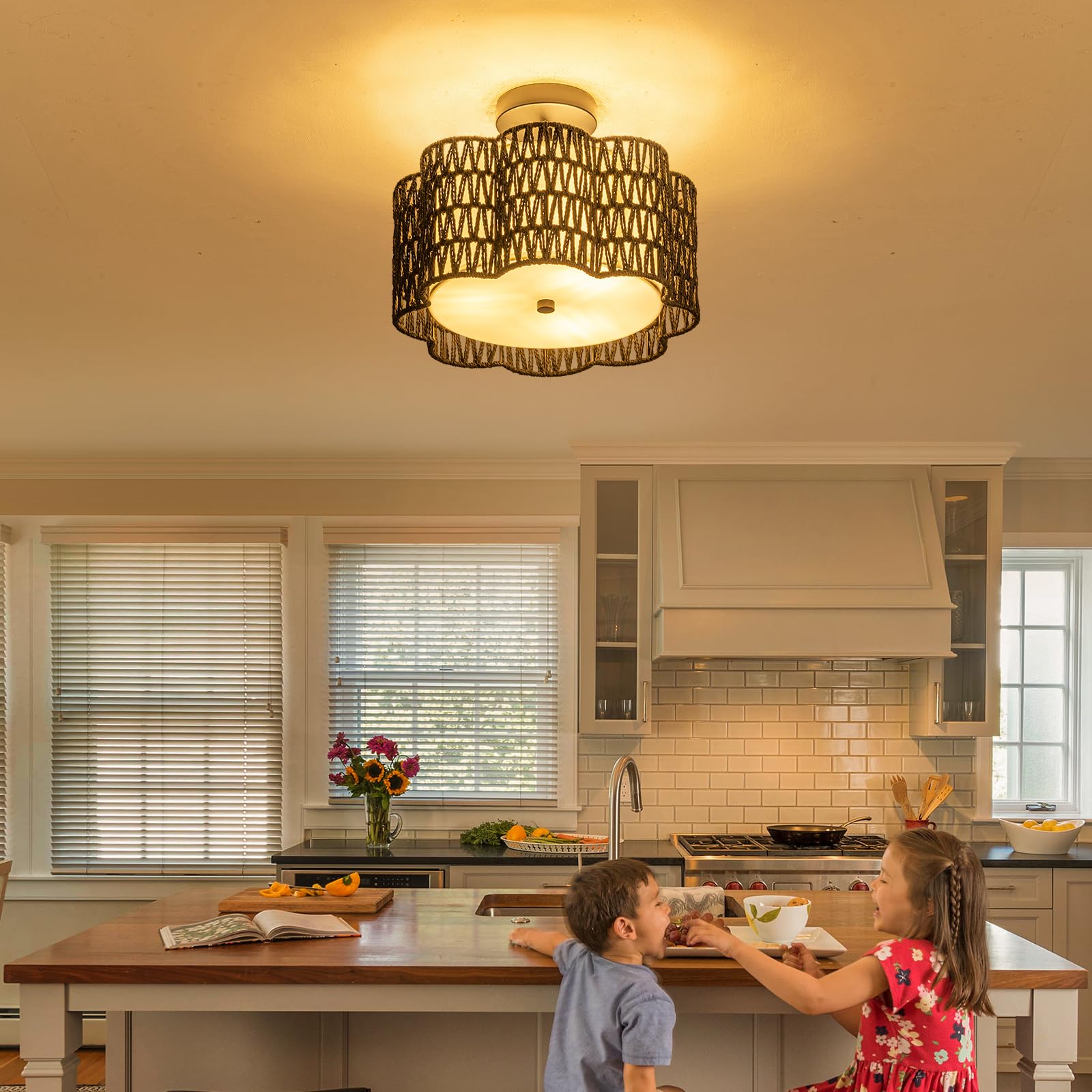 Tbaoinla Black Boho Ceiling Light Fixture | Handwoven Rattan Chandelier With Midnight Plum Blossom Design - Flush Mount Light Fo