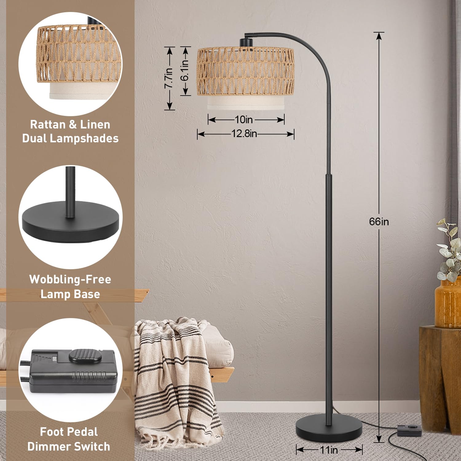 Arc Floor Lamp Black, Boho Floor Lamps For Living Room, Dimmable Standing Tall Lamps With Rattan Fabric Shade, Modern Floor Lamp