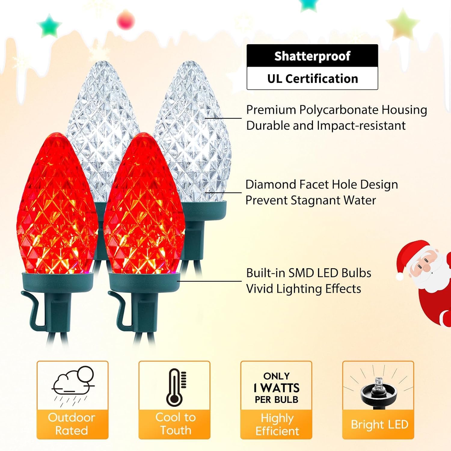 Brightown C9 Christmas Lights 200 LED String Lights 162 FT Waterproof Green Wire Red and White