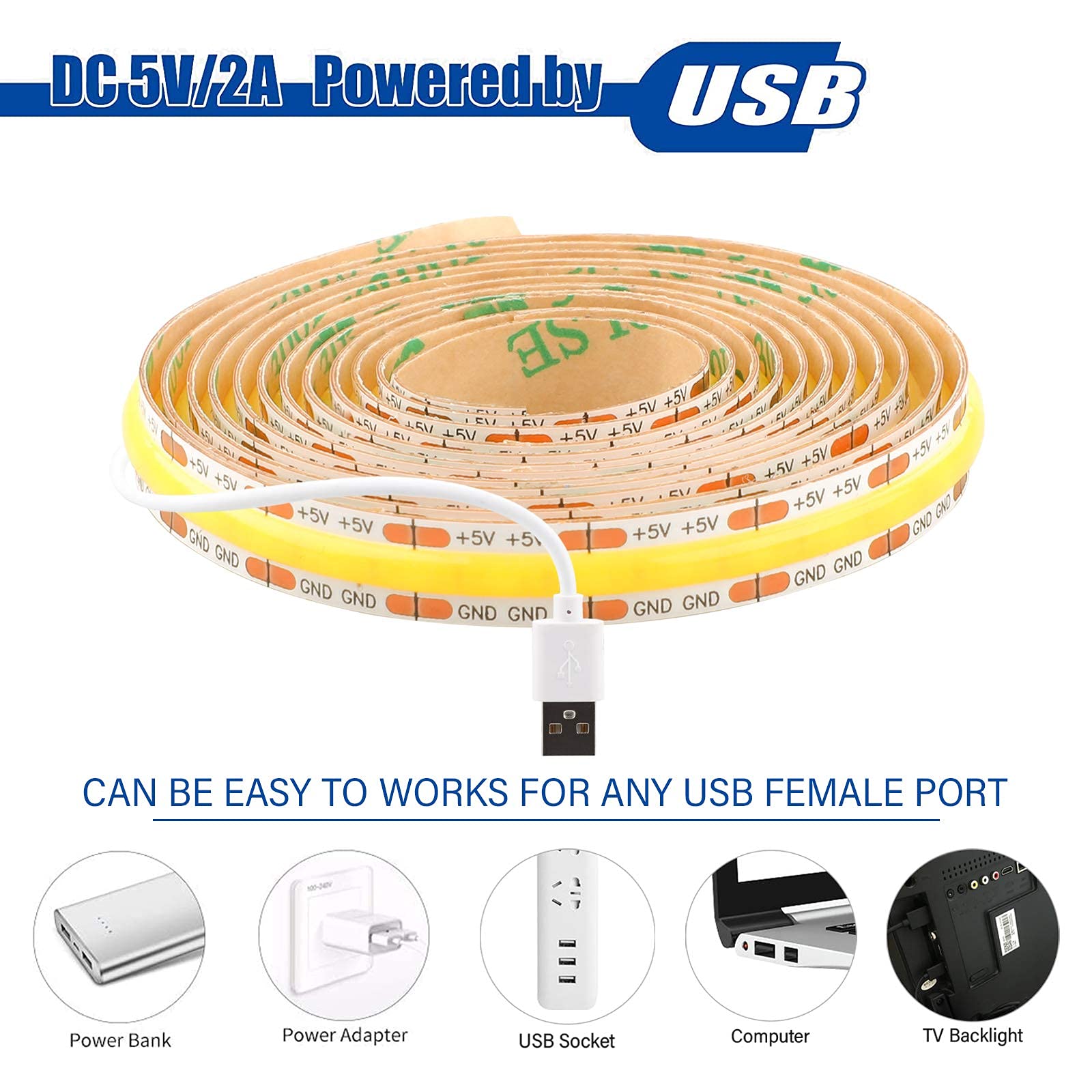 dephen LED Strip Lights, 5V USB, 4.9ft, 480 LEDs, Warm White, 3000K, Flexible COB, Model HH-SCOBWW-320-