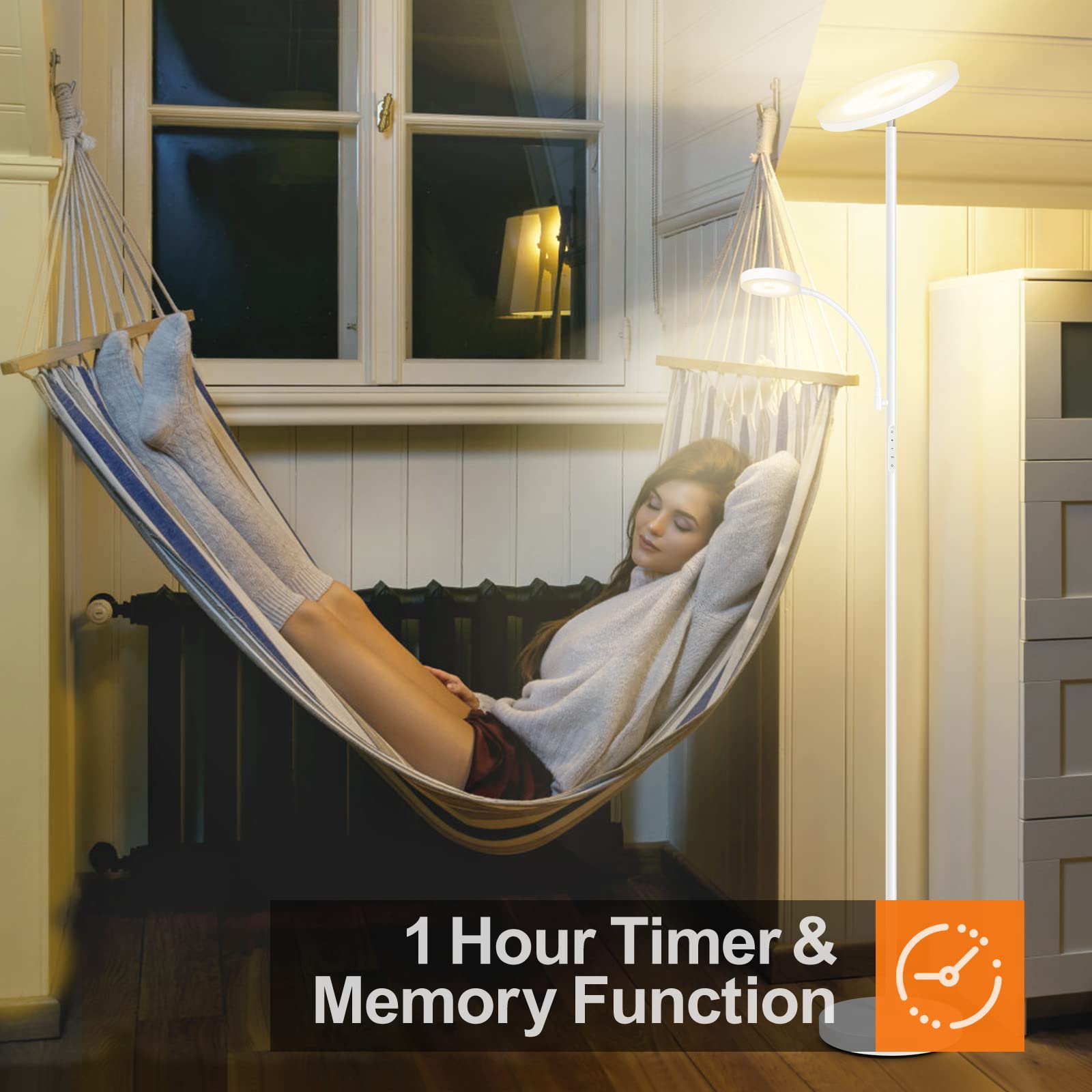 OUTON LED Floor Lamp, 27W/2400LM Torchiere & 7W Reading Light, Dimmable, Remote Control, Pearl White