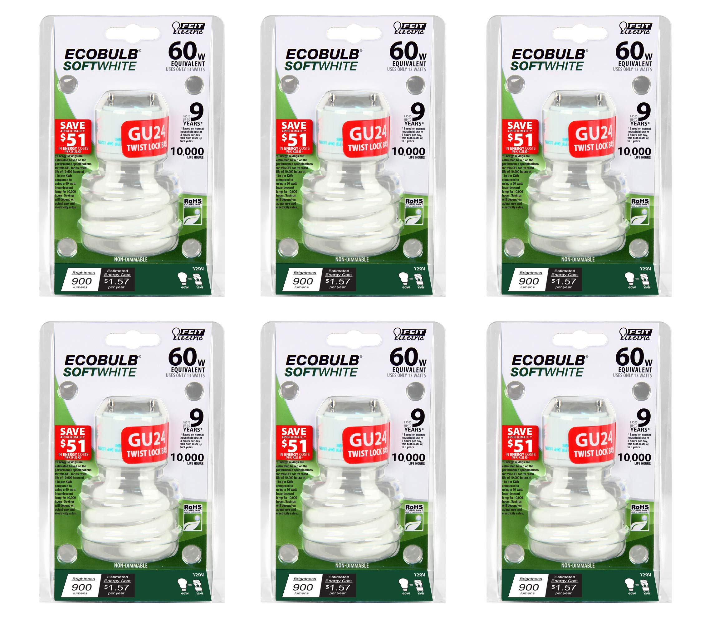 Feit Electric CFL Bulb Pack of 6, 60W Equivalent, GU24 Base, 2700K Soft White, Glass, Model BPESL13T/GU24, 3