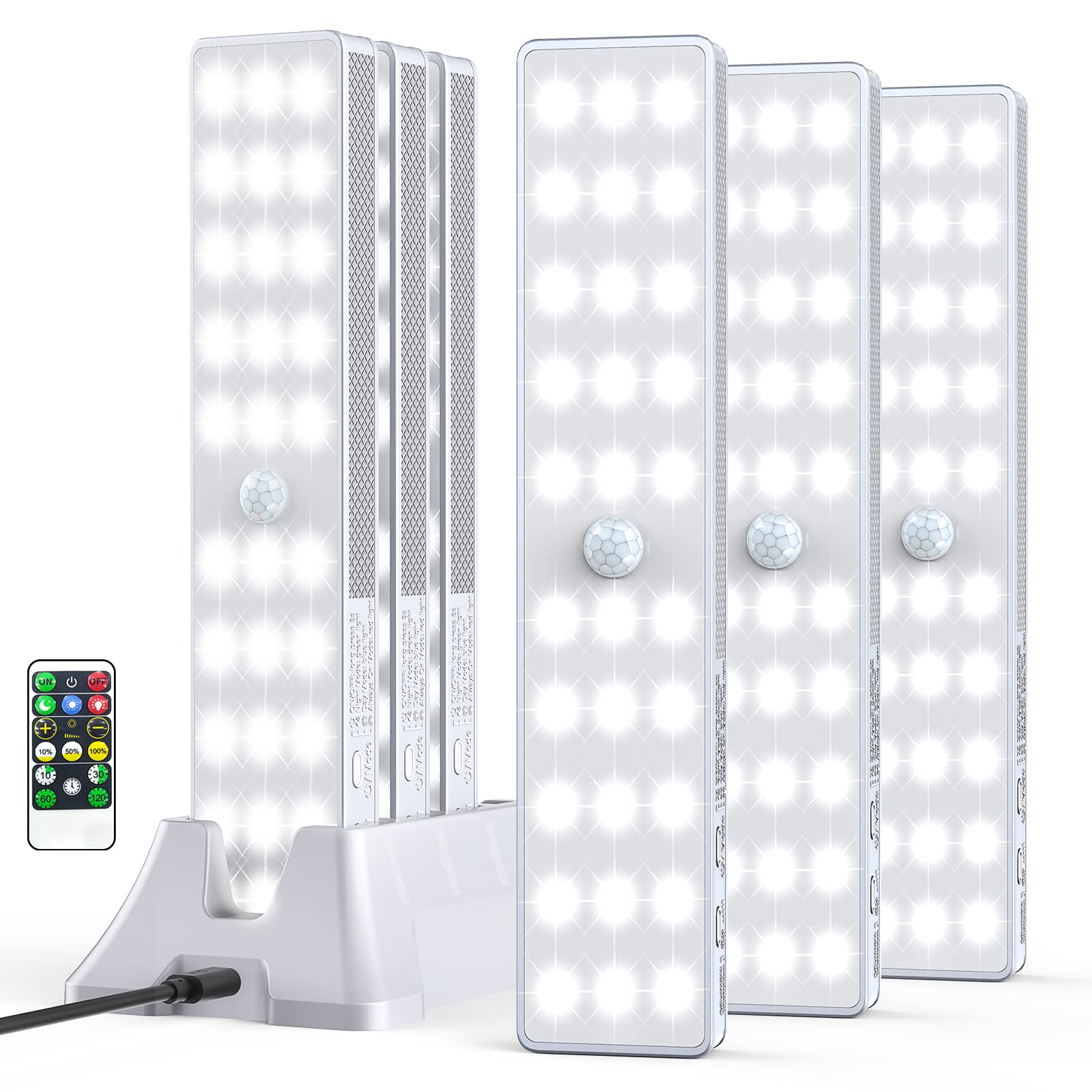 LED Closet Light with Charging Station, 6 Pcs Dimmer Rechargeable Motion Sensor Under Cabinet Lighting with Remote Control, Wireless Stick-Anywhere Night Light for Wardrobe,Kitchen