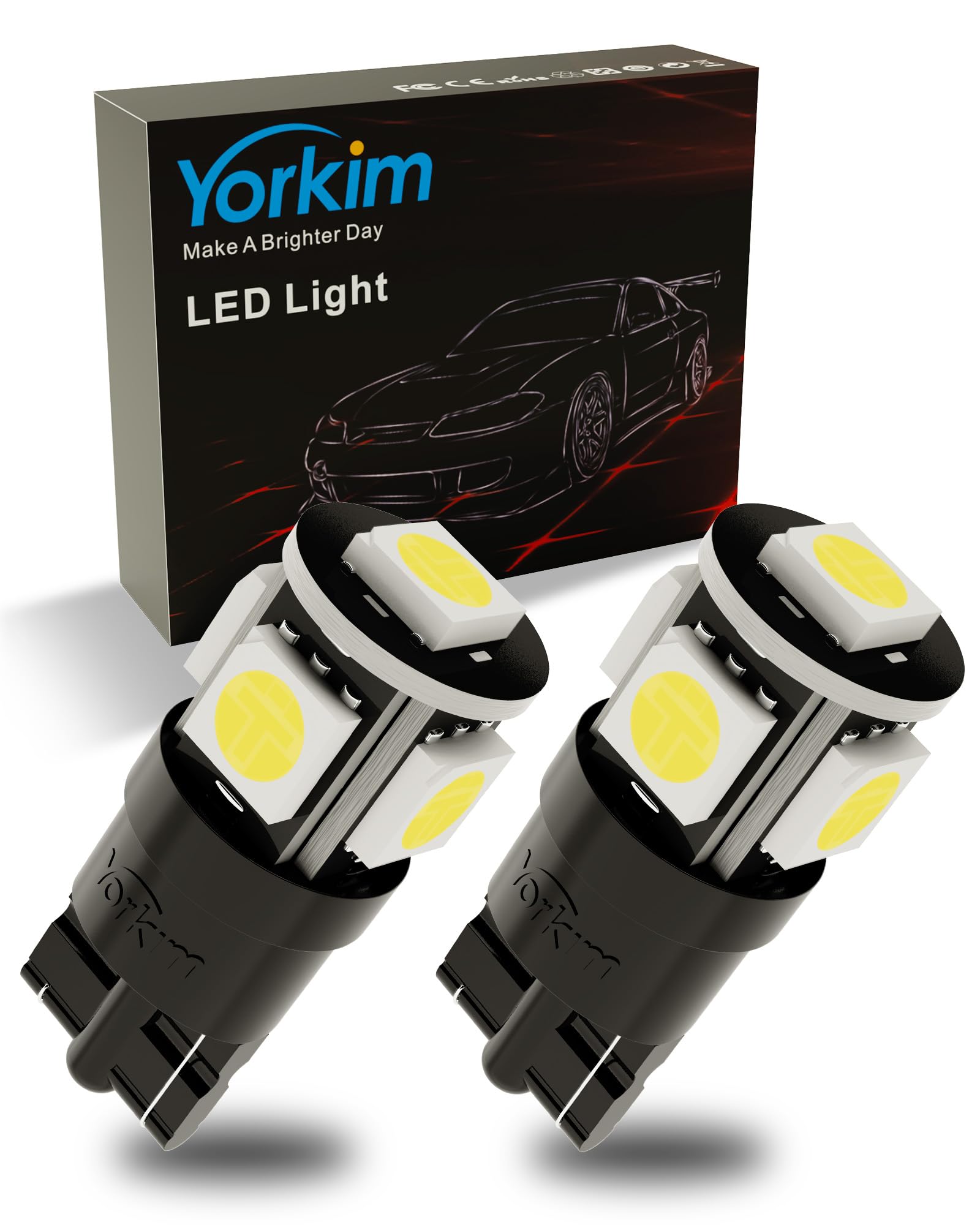 Yorkim T10 194 LED Bulbs White 6000K Super Bright, 2 Pack for Car Interior Dome Map Courtesies