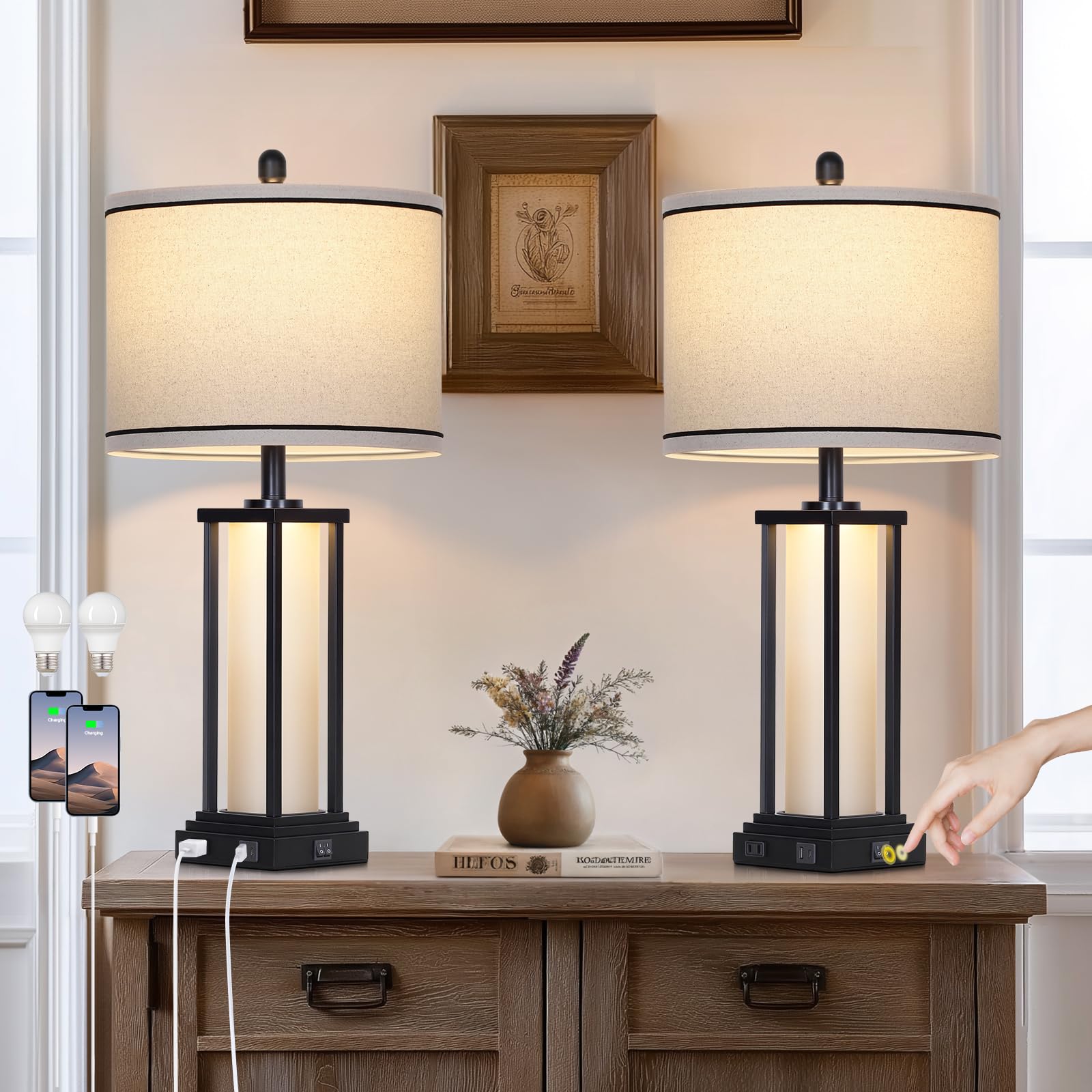 luxeflow 27in Tall Farmhouse Table Lamp Set of 2 with USB C+A & Outlet Black Industrial End Table Lamp for Living Room Vintage Rustic Bedside Lamps with Night Light for Bedroom Nightstand Black
