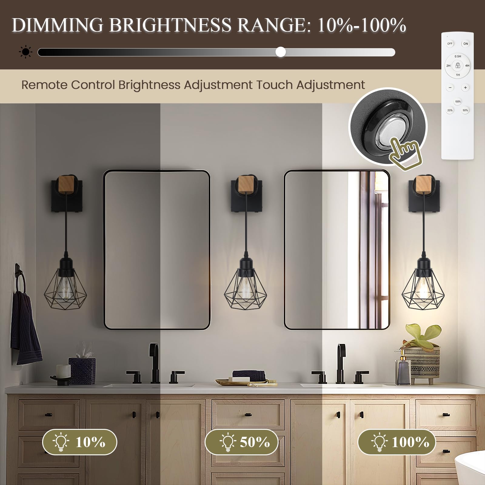 HLILCEH Battery Operated Wall Sconces Set of 2, Dimmable, Remote Control, 10inch, Black, Model WL-2FGZSBK-W-US