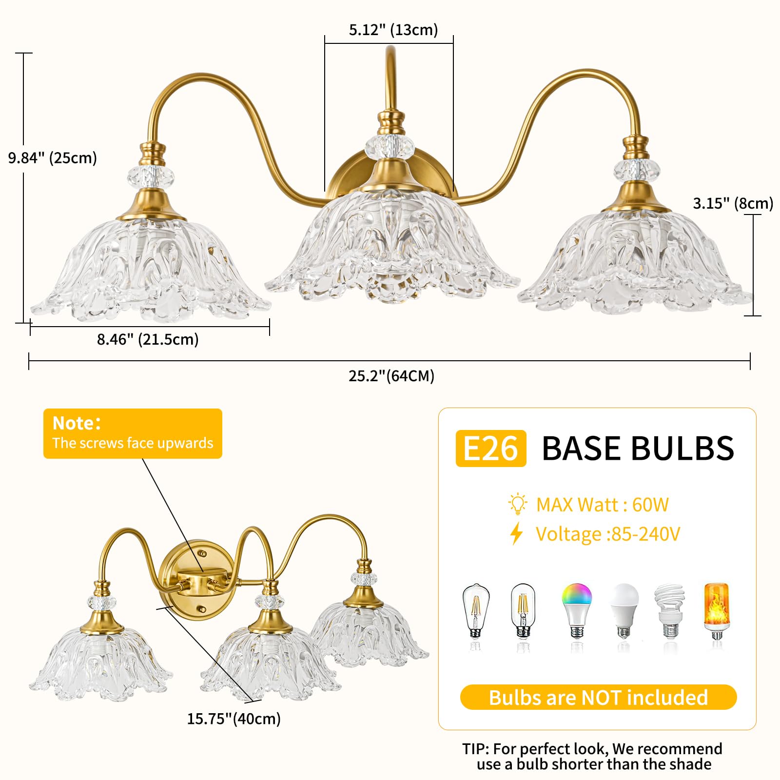 sunkryster 3-Light Gold Bathroom Vanity Light, Brushed Gold Finish with Floral Clear Glass Shades, Model Sun-104AB-3-Gold