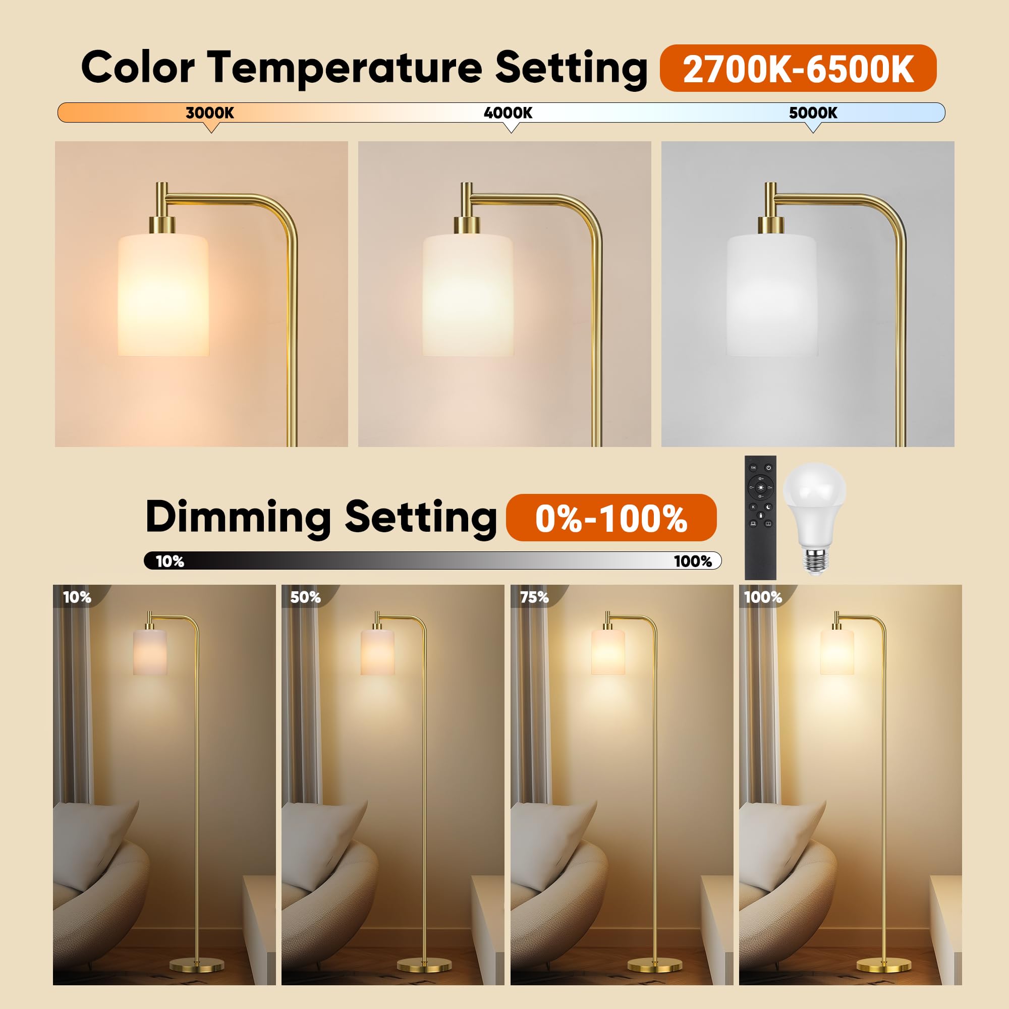 Qimh Floor Lamps For Living Room Bedroom, Gold Modern Lamp With Remote Control & Foot Switch, Industrial Standing Lamp Dimmable