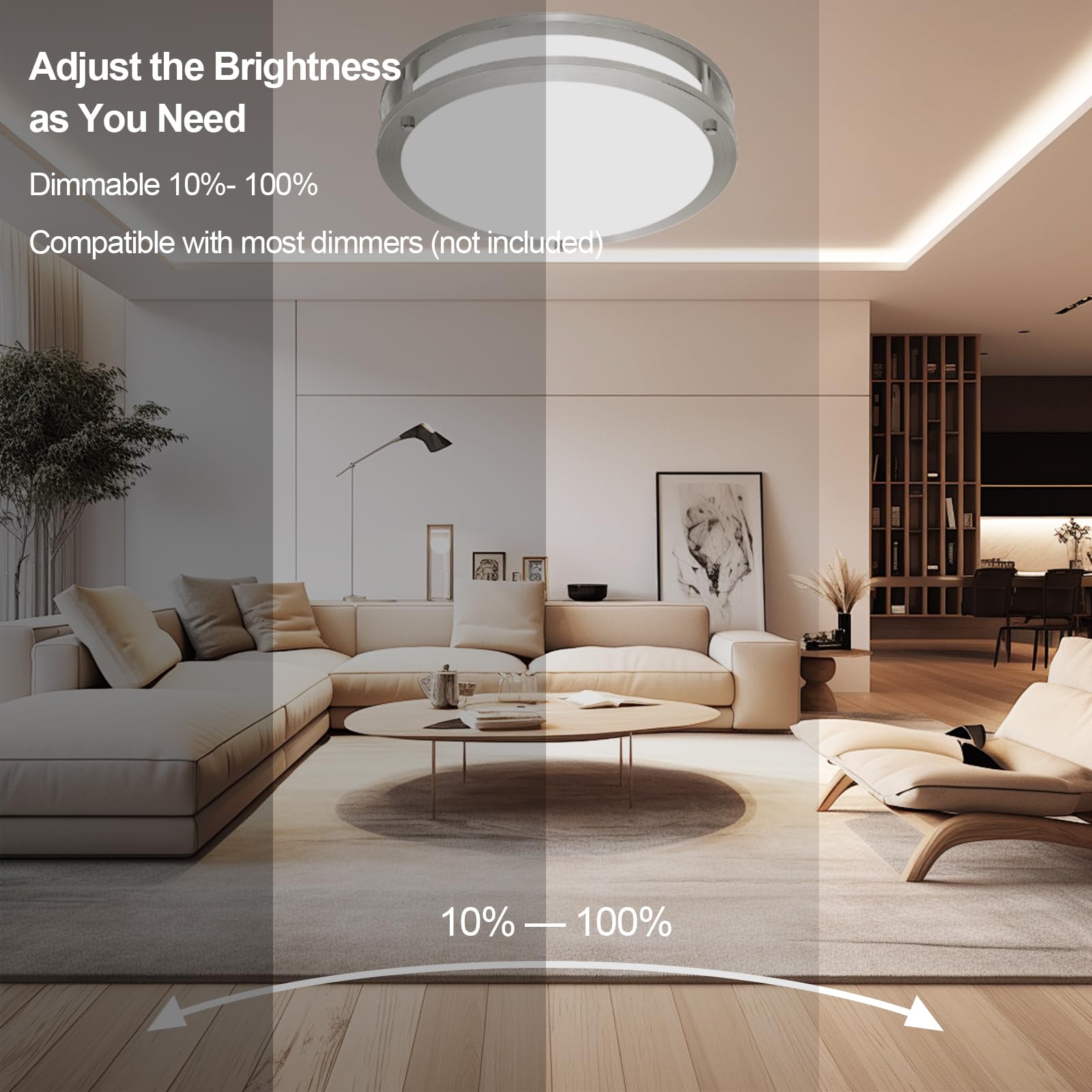 Oowolf 16Inch 48W Led Flush Mount Ceiling Light Fixture Dimmable, Super Bright Brushed Nickel Ceiling Light 4800Lm 5000K Dayligh