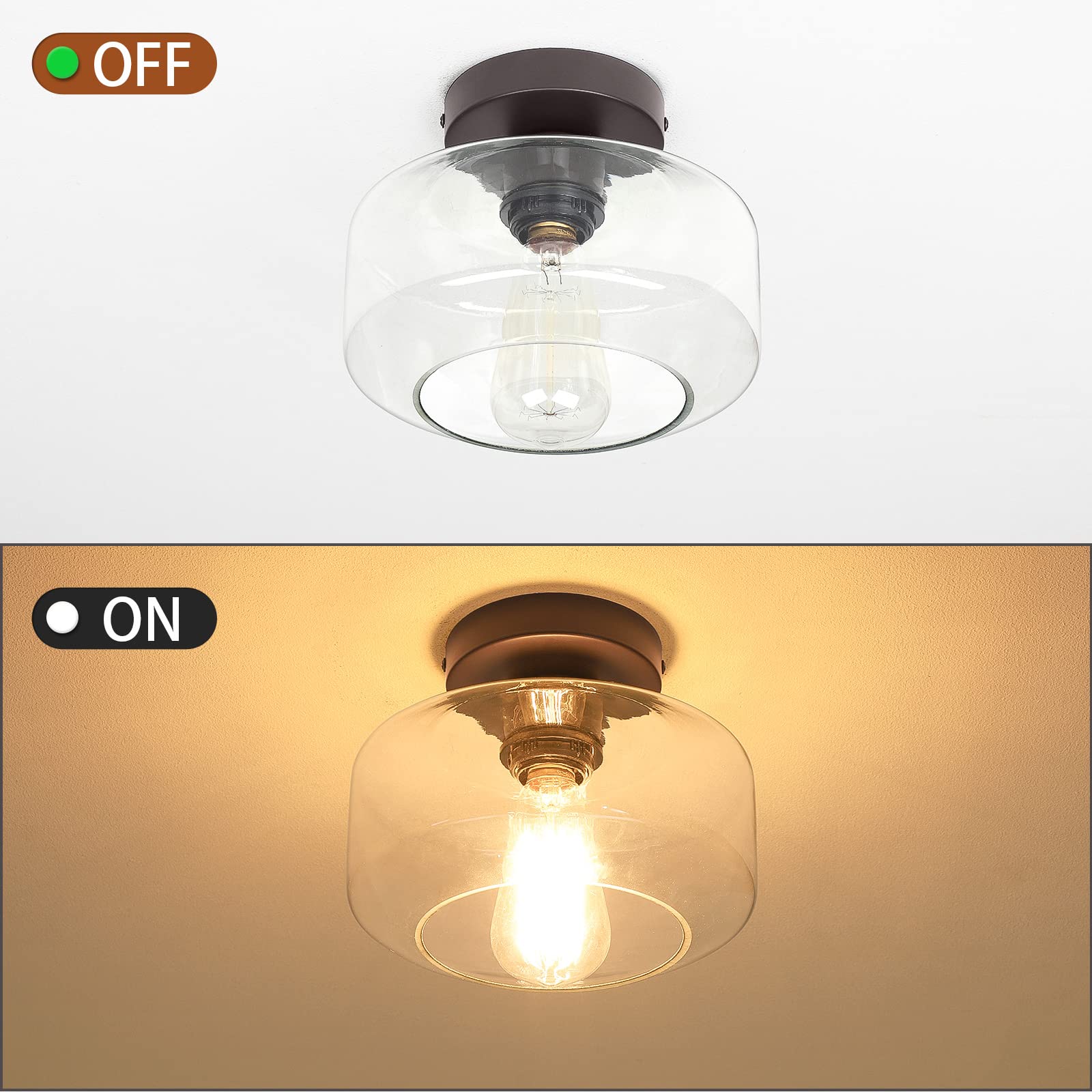 Maxvolador Industrial Semi Flush Mount Ceiling Light Brown, Clear Glass Pendant Lamp Shade, Farmhouse Lighting For Hallway, Hang