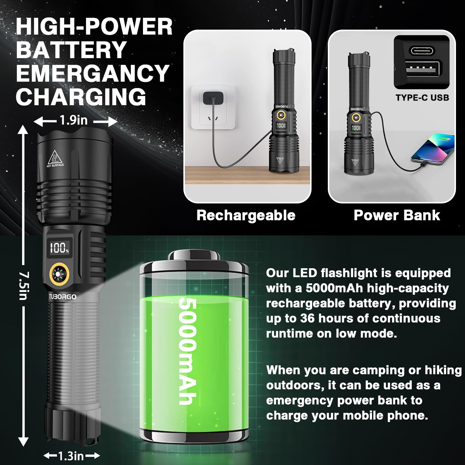 TUBORGO Rechargeable Flashlights 2200 High lumens, Super Bright LED Tactical Flashlight, Zoomable, IPX6 Waterproof, 6 Modes, Pow