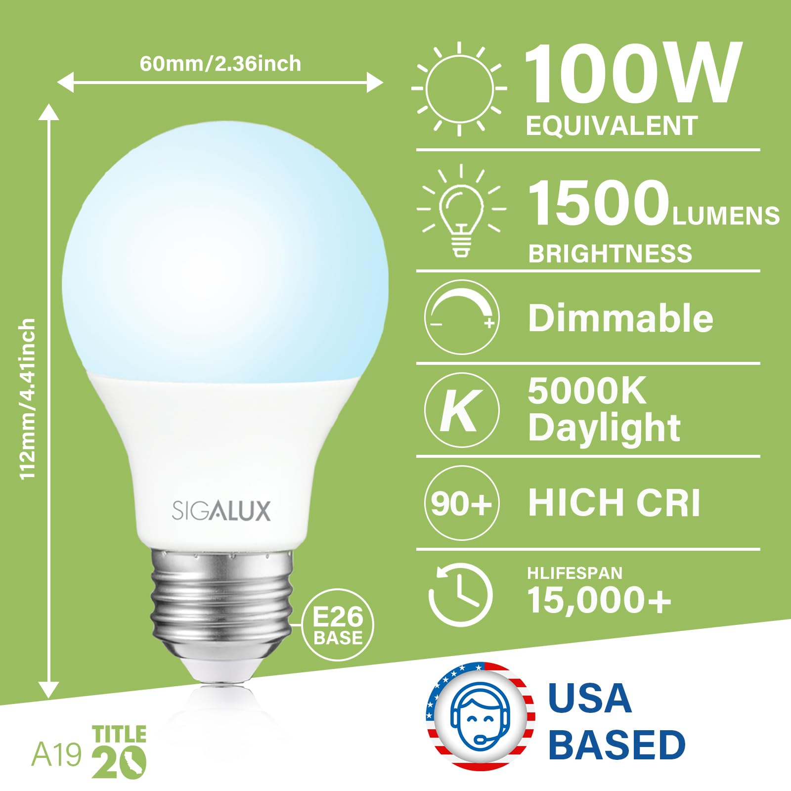 Sigalux Light Bulbs 100 Watt Equivalent,A19 Daylight Standard Led Bulbs Dimmable 5000K White,14W Energy Efficient E26 Medium Bas