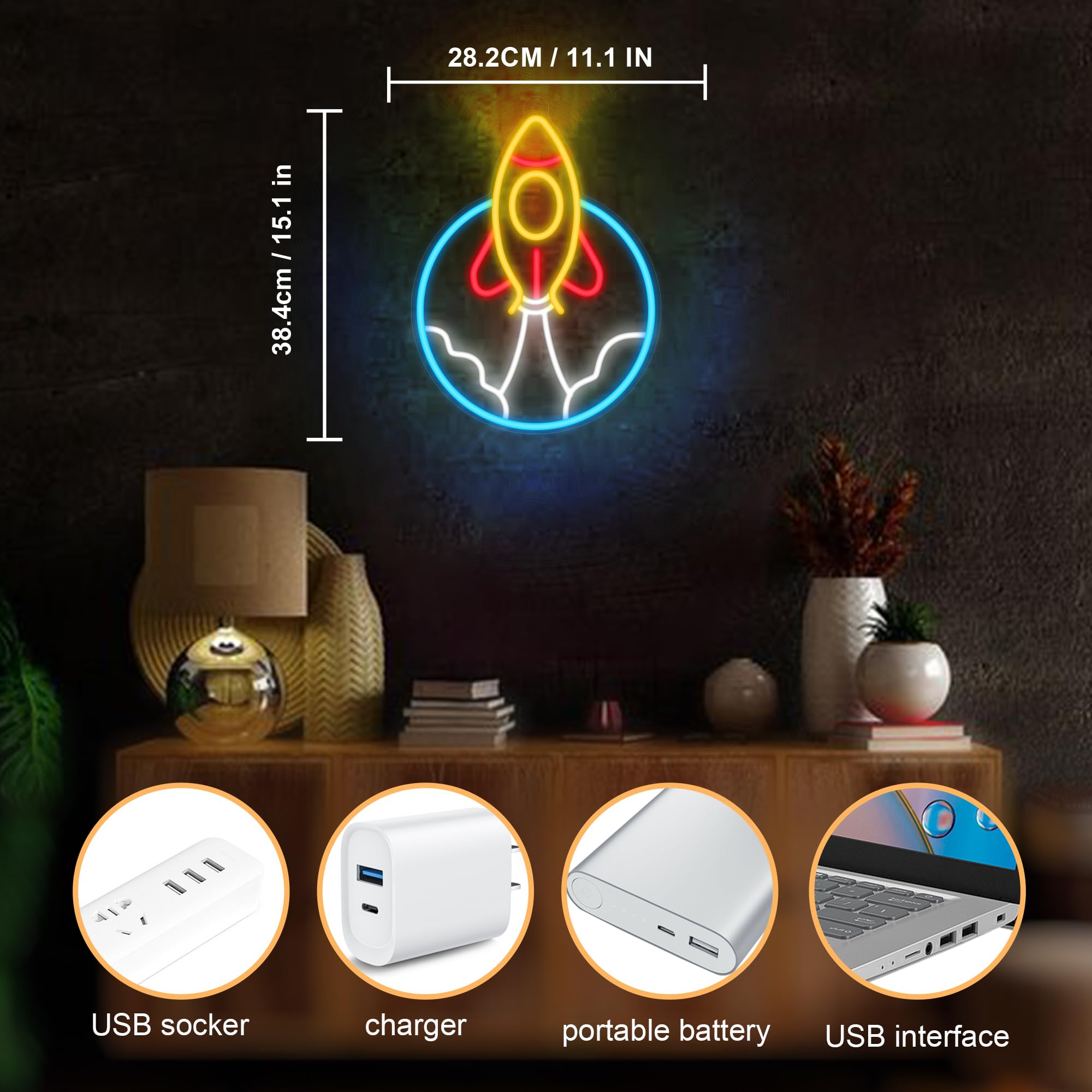 CoolGift Mart Rocket Neon Sign, LED Light Room Decor, USB Powered Light Up Space Element Universe Theme Decoration, for Bedroom