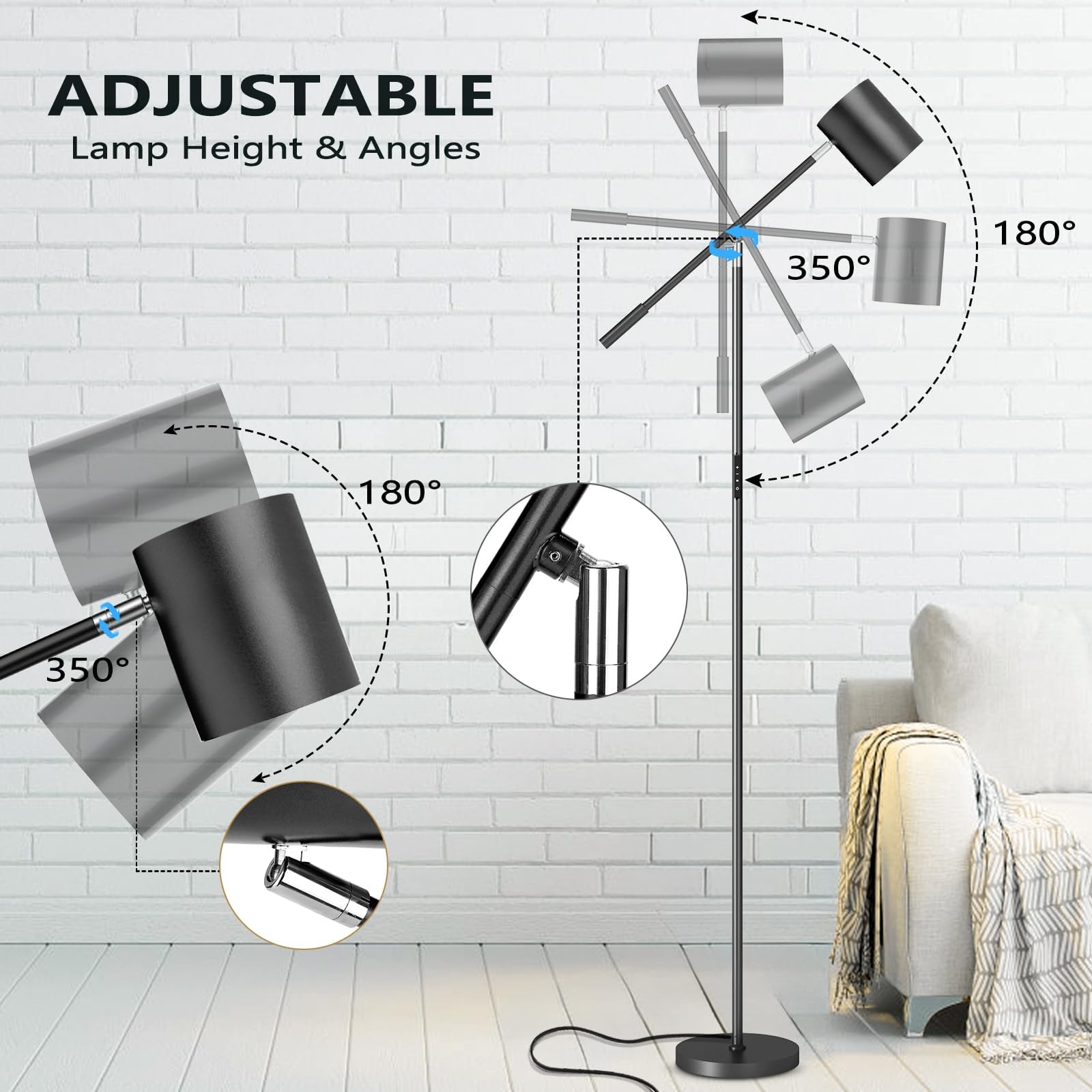 Floor Lamps For Living Room, Modern Stepless Dimmable Standing Lamp With Remote & Touch Control, Adjustable Swing Arms 73'' Tall
