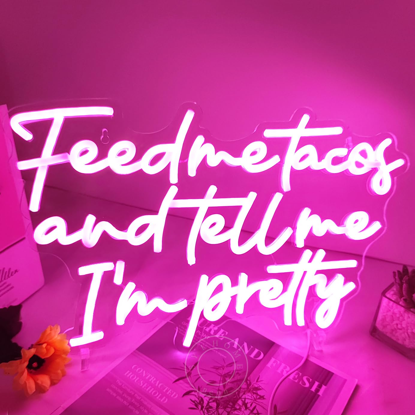SYLHOME Neon Light Sign - Pink Feed Me Tacos, Bedroom Bar Kitchen Decor, USB, 16.93inx10.24in