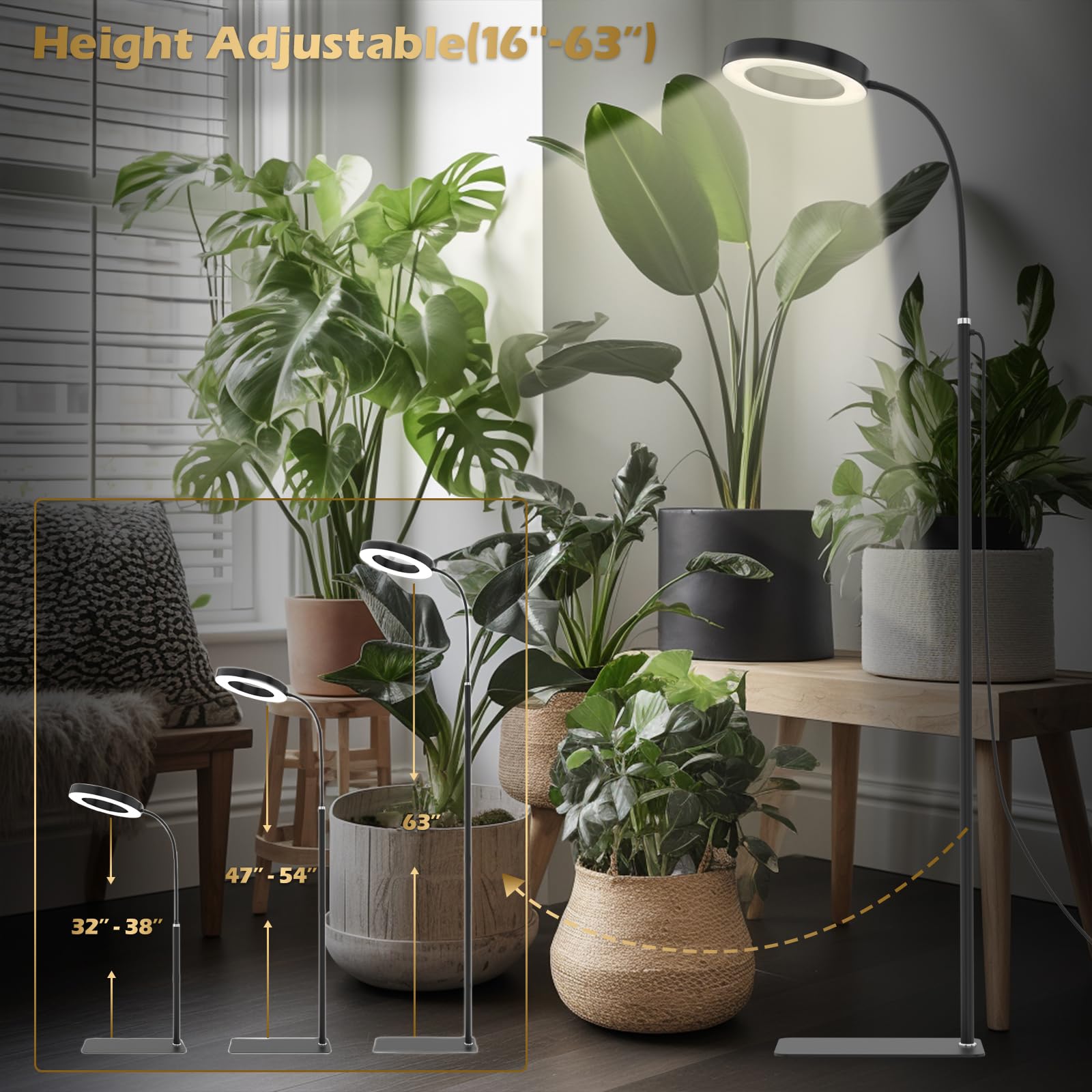 GLOWRIUM 20W Full Spectrum LED Grow Light Floor Lamp, Adjustable Height & Angle, Black with 3/9/12H Timer for Indoor Plants