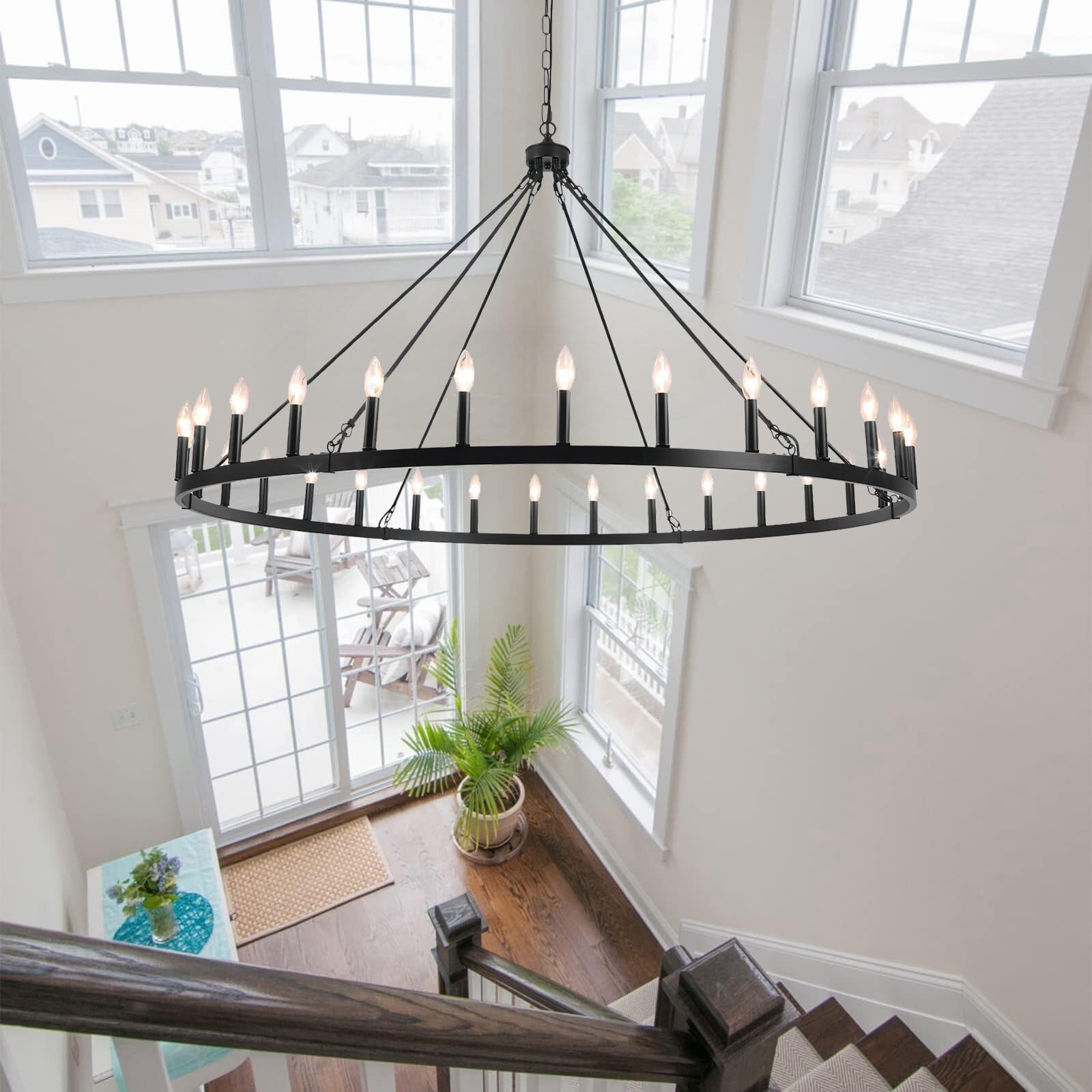 SJCCDSGS 60" Black Industrial Wagon Wheel Chandelier, 30 Lights Iron Pendant Light for High Ceilings, Model 126B