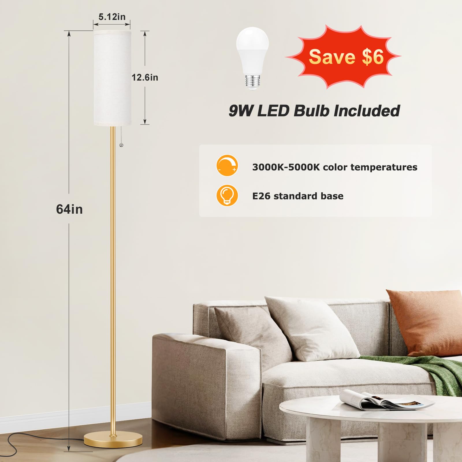 Ambimall Floor Lamp for Living Room with 3 Color Temperatures Bulb, 64 Standing lamp with Linen lampshade for Bedroom, Minimalis