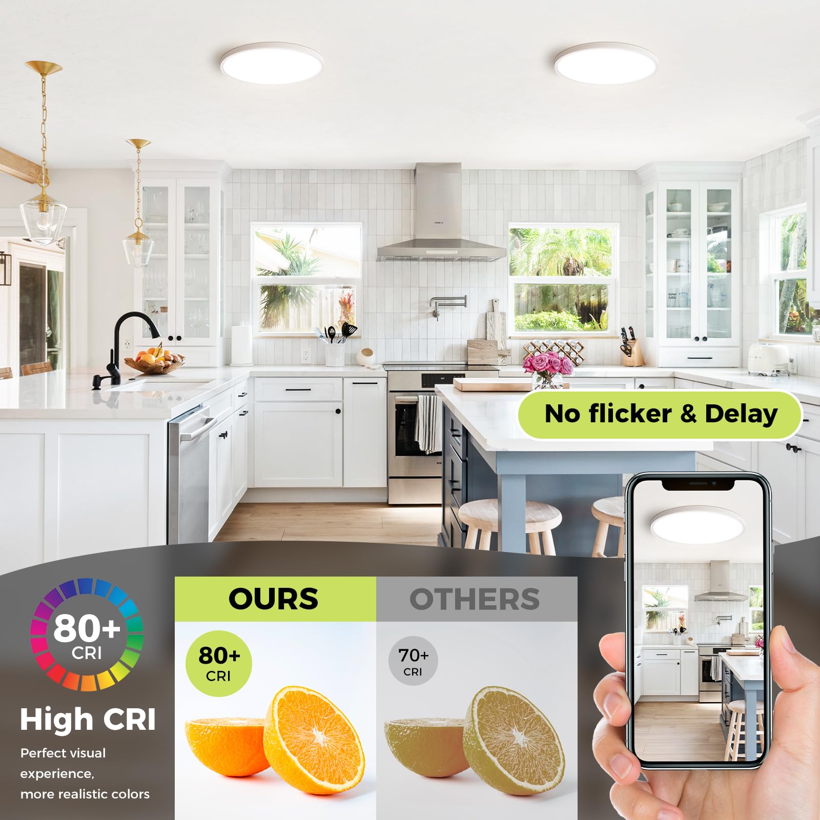 hepside LED Flush Mount Ceiling Light Fixture, 24W, Dimmable, 13Inch, 3000K-6500K Adjustable, White, 2 Pack