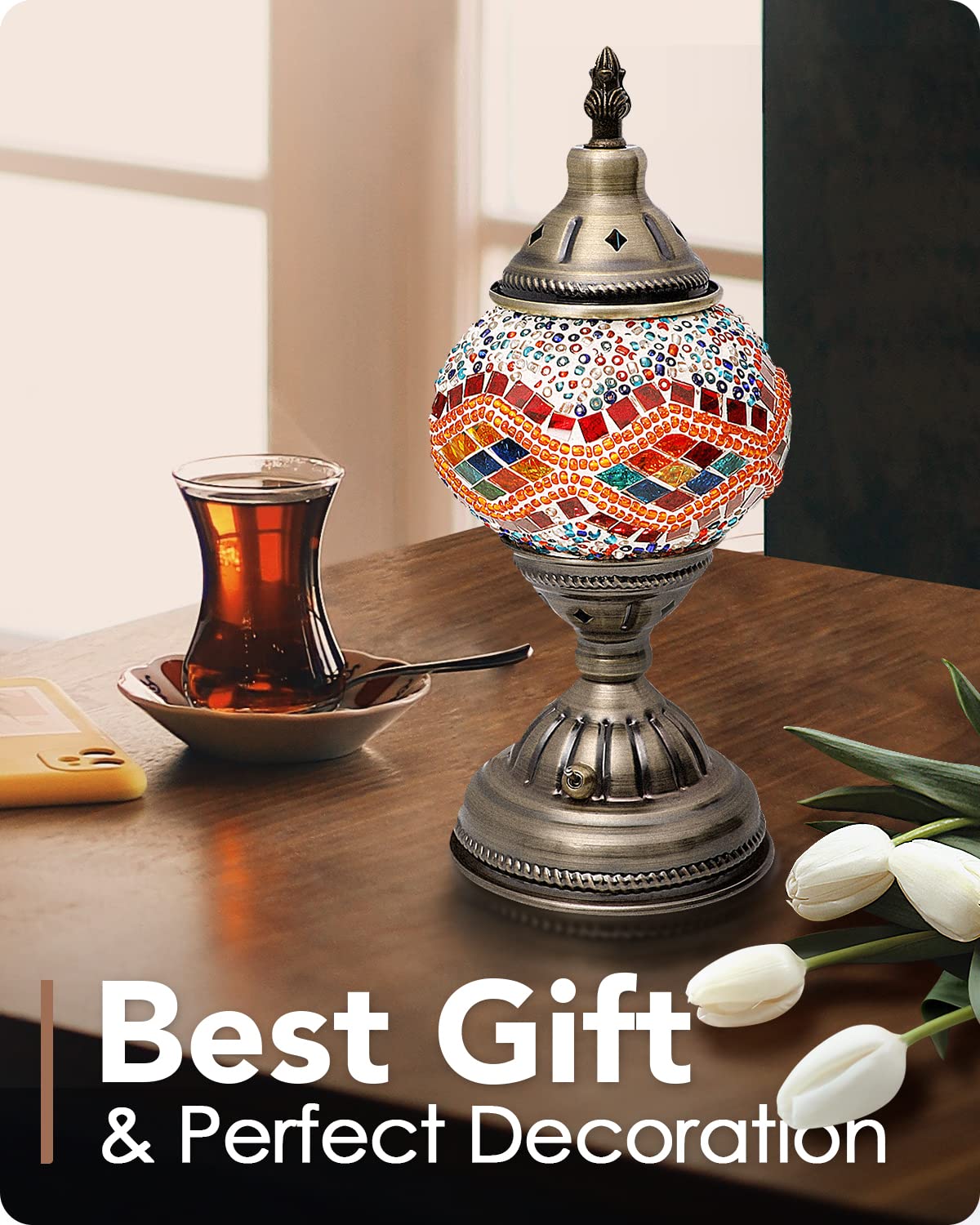 Yarra-Decor Turkish Moroccan Lamp - Handmade Tiffany Mosaic Glass, Bronze Base, Rechargeable 2000mAh Battery, Portable Bedside, Orange 2