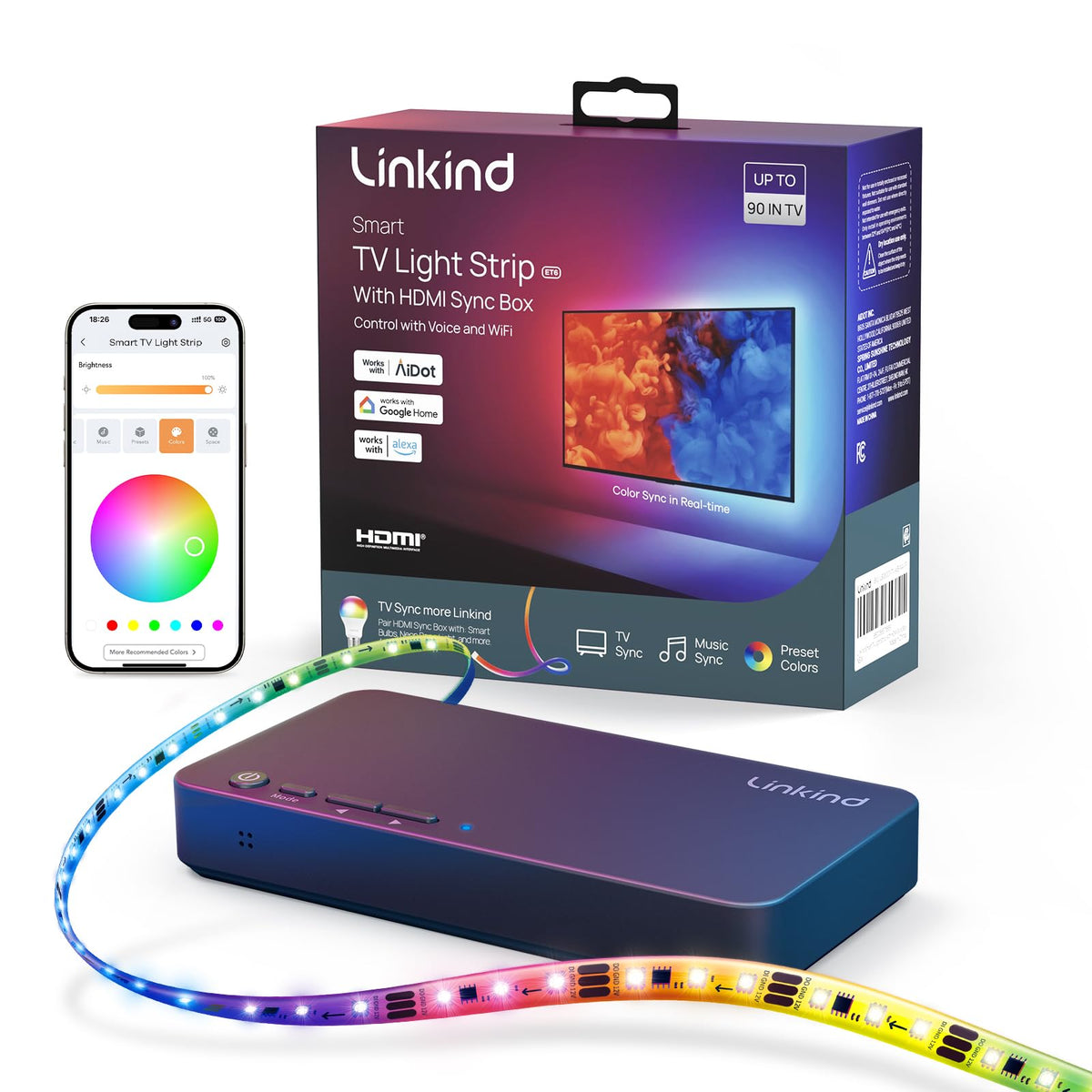Linkind Hdmi 2.0 Sync Box, Ai Lumisync Technology Et6 Smart Tv Backlights, Supports 4K@60Hz, Led Backlights For 90 Inch Tvs, For