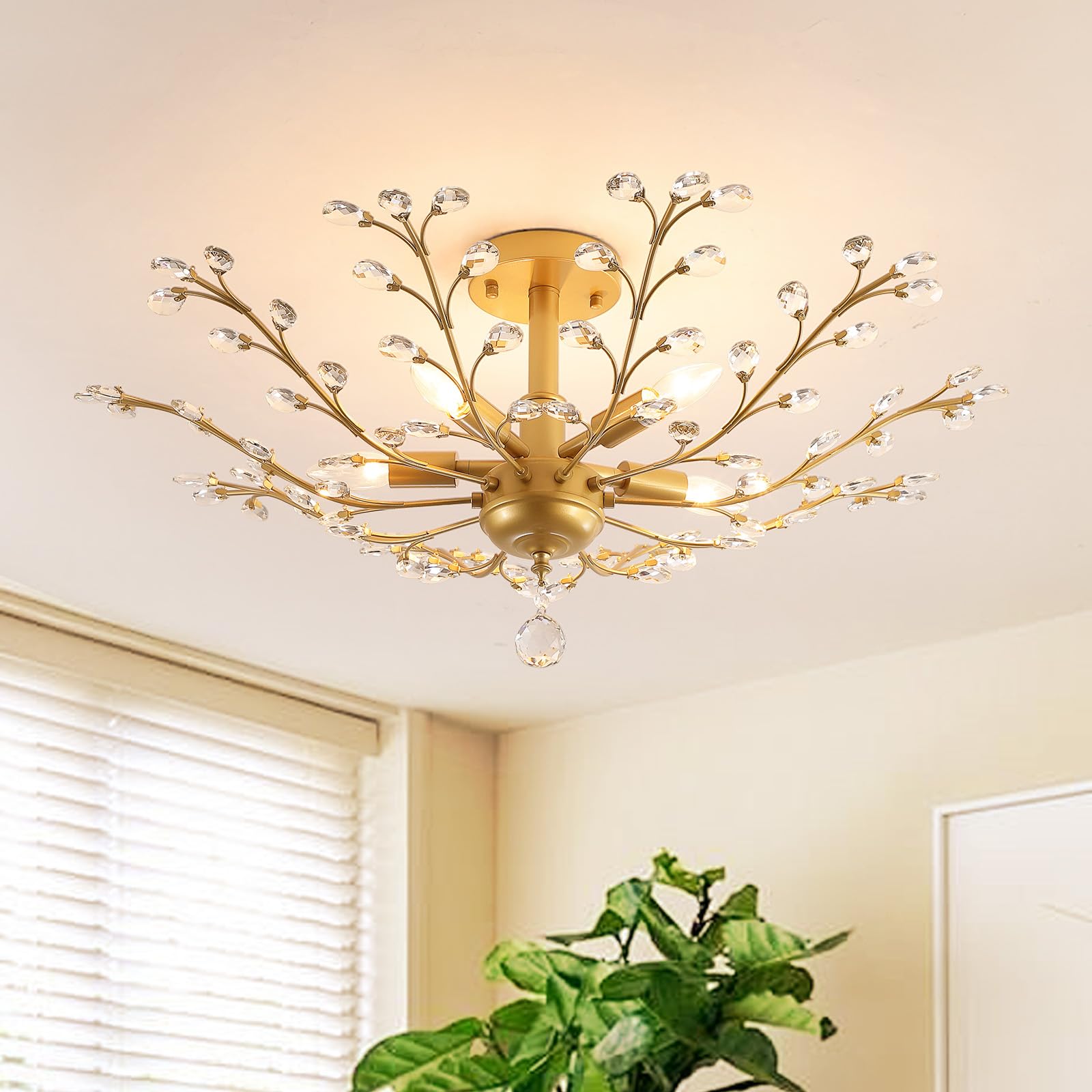 3WWWUEE 5-Light Crystal Chandelier, 30 Inch Gold Semi Flush Mount for Kitchen, Dining Room, Bedroom, Model QX2820-P5-GD