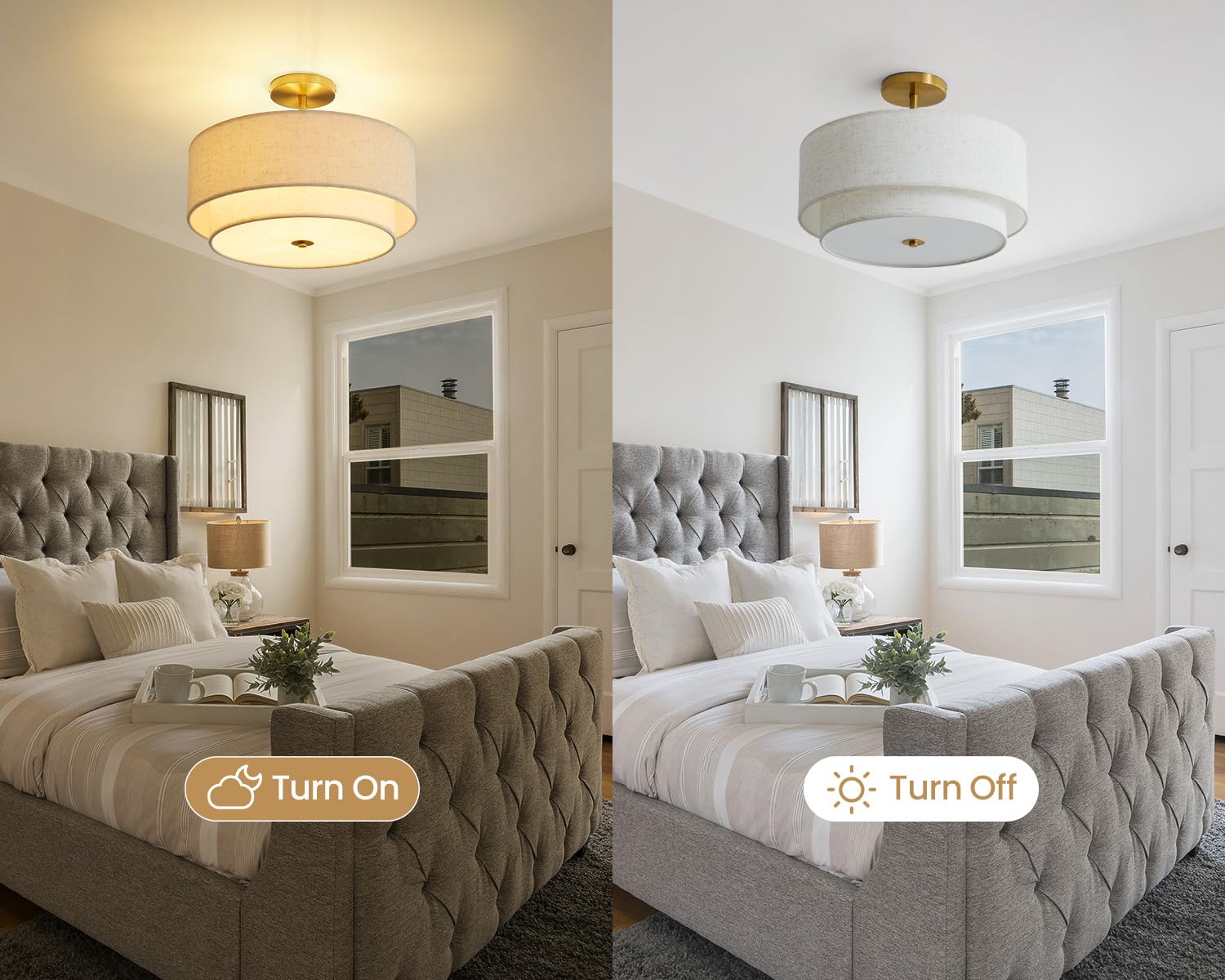 Dgroositon Double Drum 3-Light Semi Flush Mount Ceiling Light, 16" Gold Brass with Fabric Linen Shade for Living Room, Bedroom, Dining Room