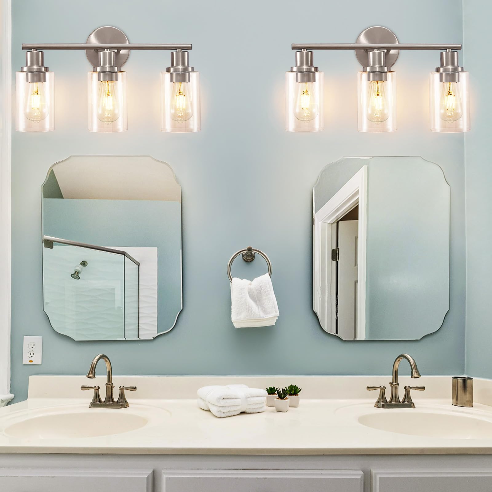 DINGLILIGHTING 3-Light Bathroom Light Fixtures - Brushed Nickel Metal - Clear Glass Shade - 2 Packs