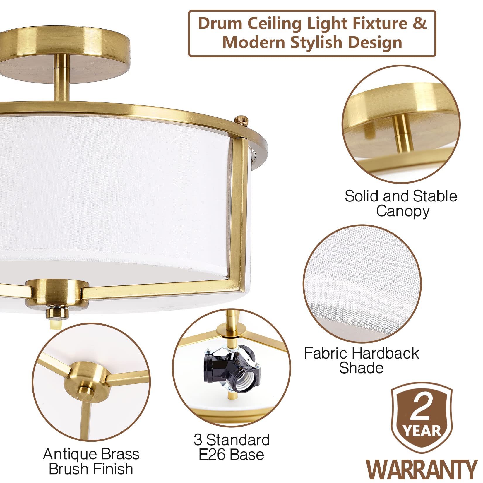 Bargeni 13&quot; Antique Brass Semi Flush Mount Ceiling Light With Fabric Shade For Bedroom & Hallway