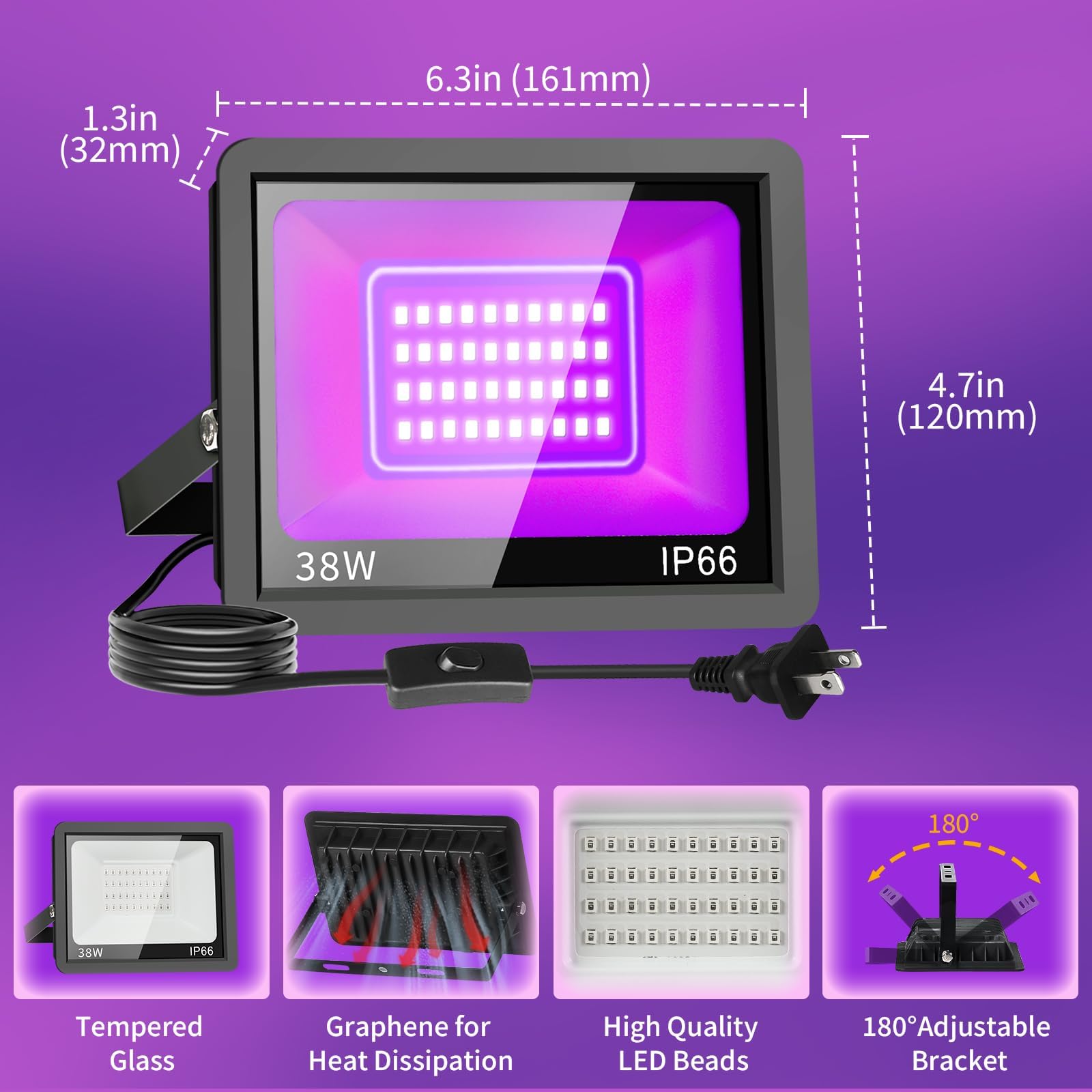 Thecham 38W Led Black Light - Waterproof Outdoor Flood Light For Halloween Party, 4 Pack