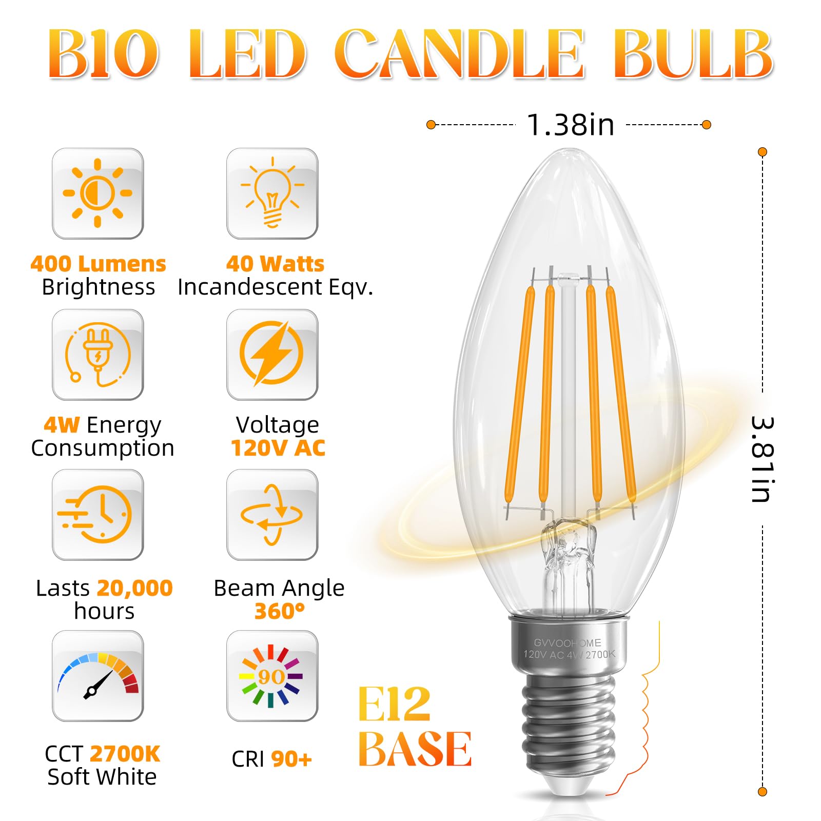 Gvvoohome E12 Candelabra Bulb 40 Watt, E12 Led Bulb Non-Dimmable Chandelier Light Bulbs, B10 Candle Light Bulbs 2700K Soft White