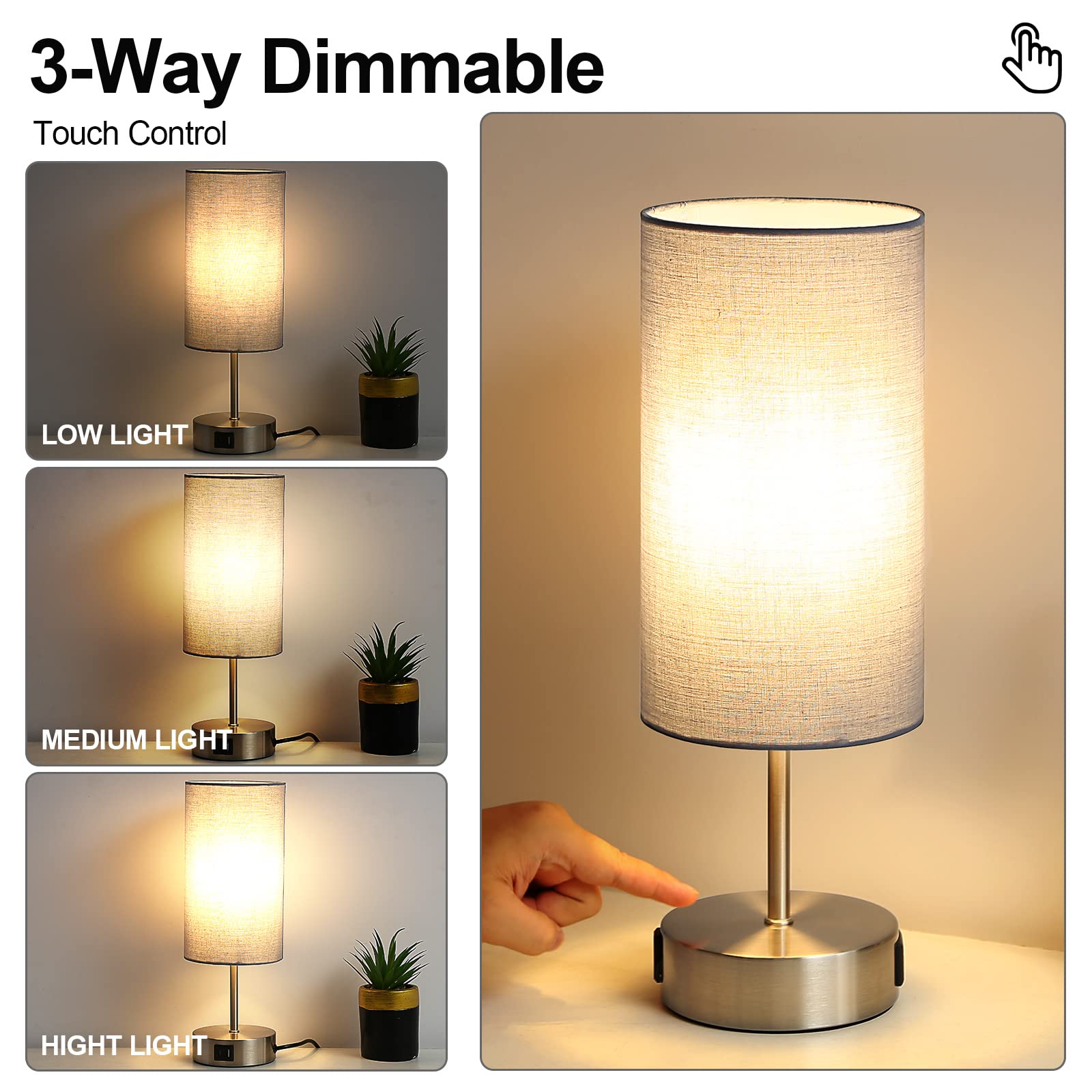 Yarra-Decor USB & AC Outlet Touch Control Table Lamp, 3-Way Dimmable with Grey Shade - Perfect for Bedroom, Home Office, Dorm (Bulb Included)