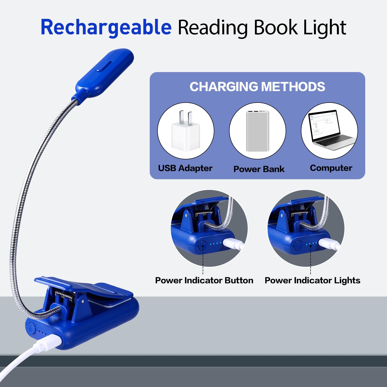 VAVOFO Rechargeable Book Light - 7 LED, 9-Level Brightness, Eye Care, Royal Blue, Model KM-6720