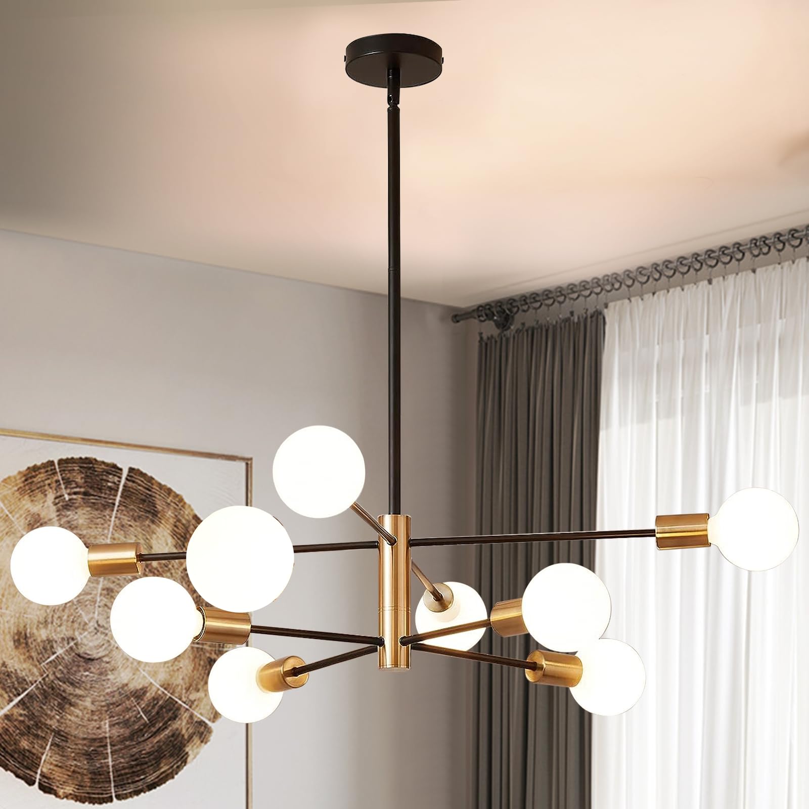 Sheetea 8-Light Sputnik Chandelier, Black And Gold Chandeliers Pendant Lighting, Modern Farmhouse Dinning Room Light Fixture Mid Century Brass, Height Adjustable For Living Room Kitchen Island