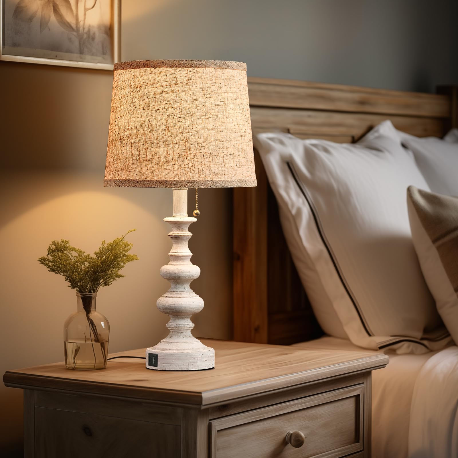 Bowobo 21'' Farmhouse Table Lamps For Bedroom Set Of 2 Rustic Bedside Lamps For Nightstand With Usb A+C Ports White Side Table L