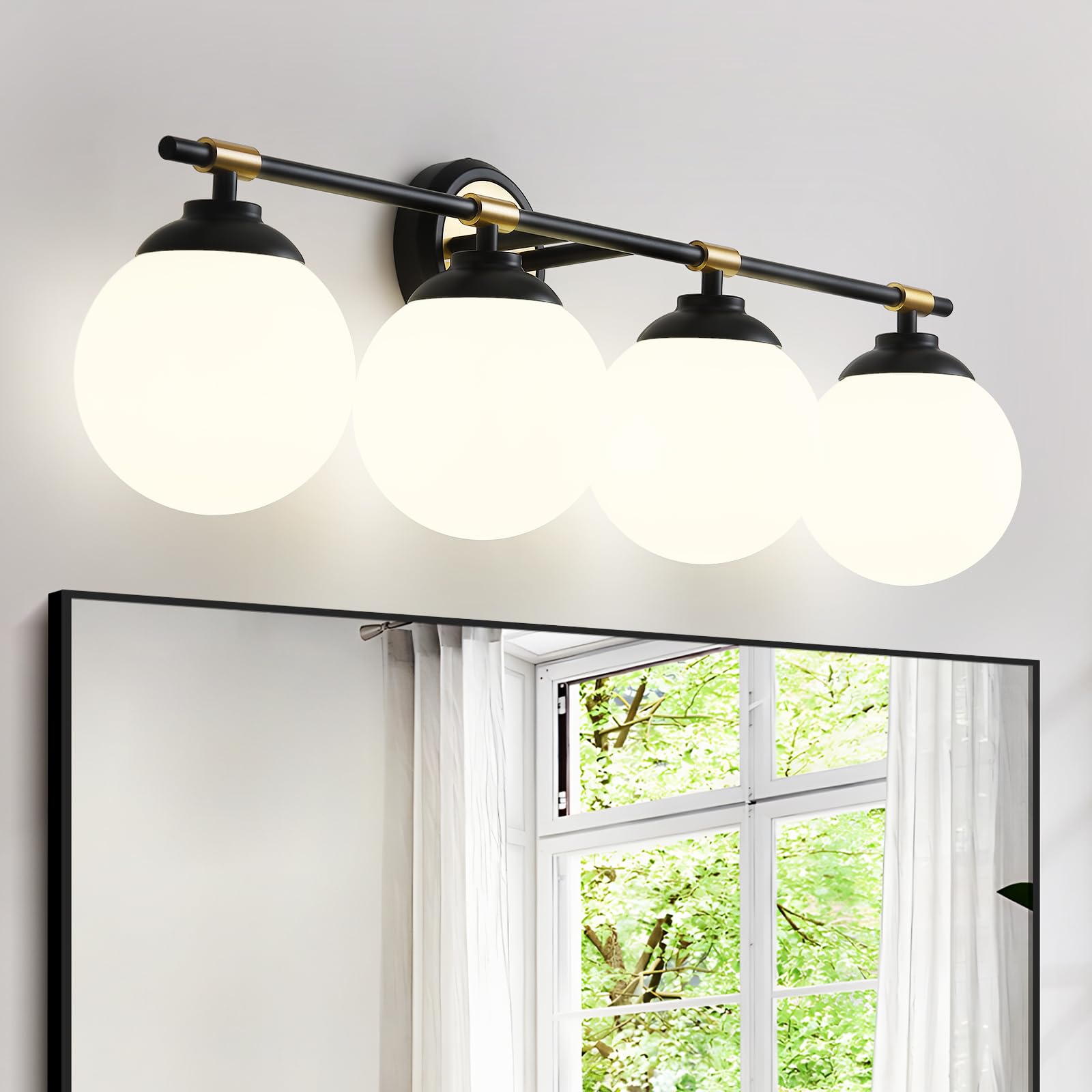 Rayogale 32 Inch Black Gold Bathroom Light Fixtures, 4 Light Vanity Lights Over Mirror, Modern Vanity Lights For Bathroom, Milk