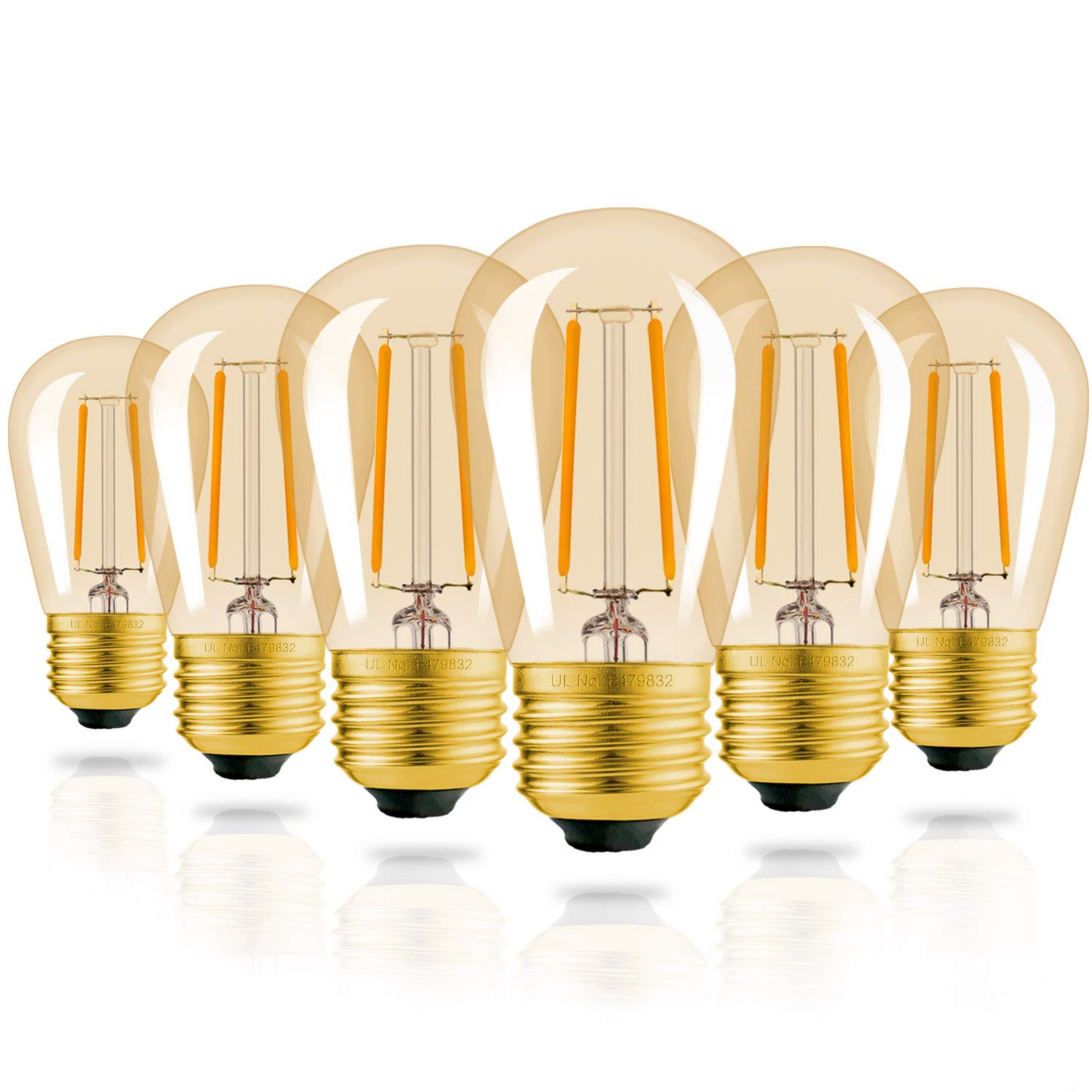 Hizashi S14 LED Replacement Bulbs, 2W=25W, Amber 2200K, Dimmable, E26 Base, Shatterproof, Waterproof, 6 Pack