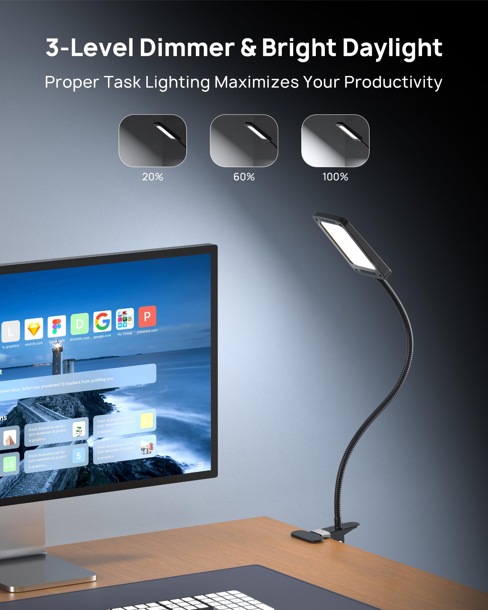 Trond Led Desk Lamp With Clamp, 1000Lm Super Bright 3-Level Dimmable Desk Light 6000K Daylight, Extra-Long Flexible Gooseneck Clip On Light, Eye-Care Clamp Lamp For Painting, Workbench,Reading, Sewing