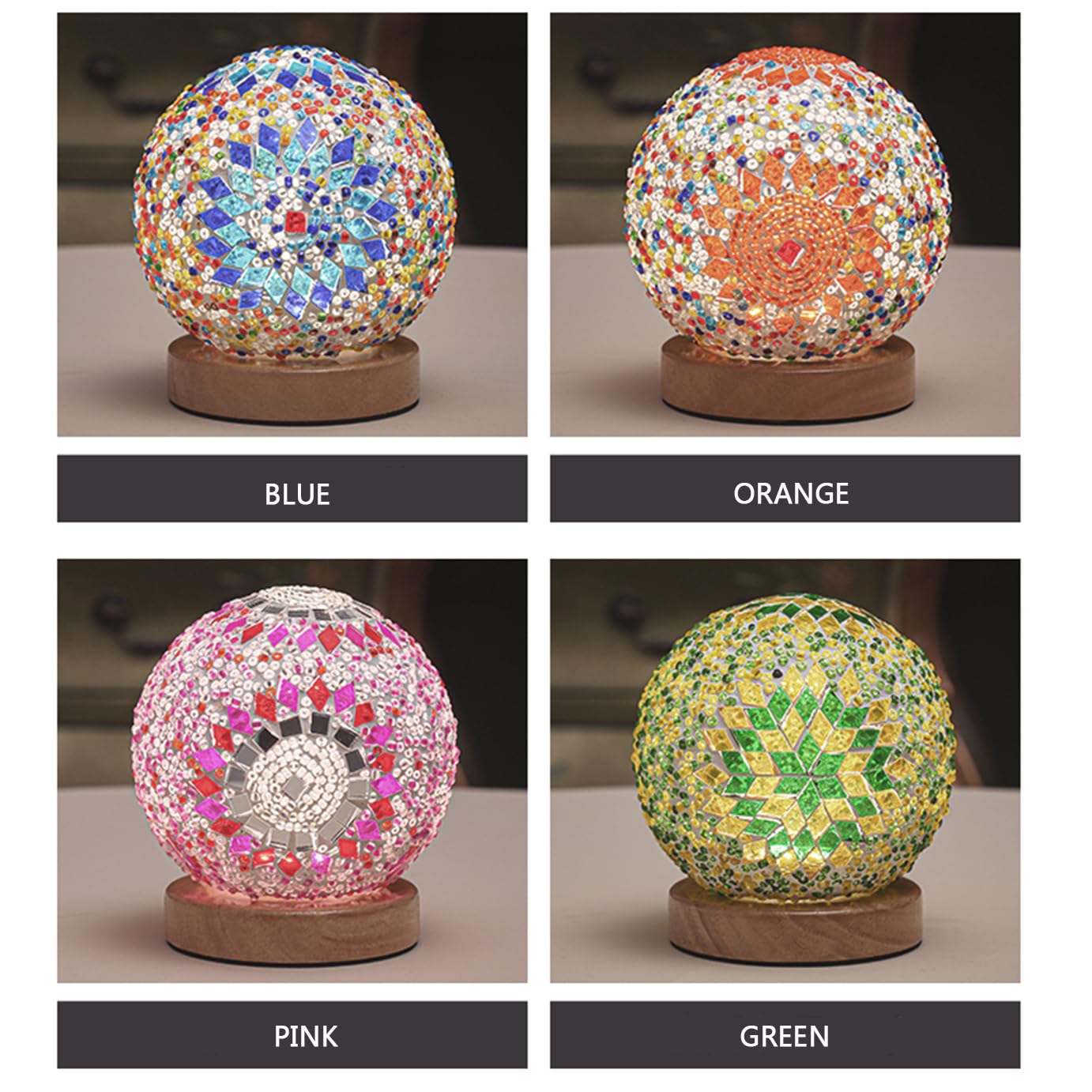 Turkish Table Lamp (D:4.7'' X H:5.2''),Mosaic Glass Lamps With Wooden Base, Bohemian Tiffany Bedside Lamps, Usb Power Moroccan L