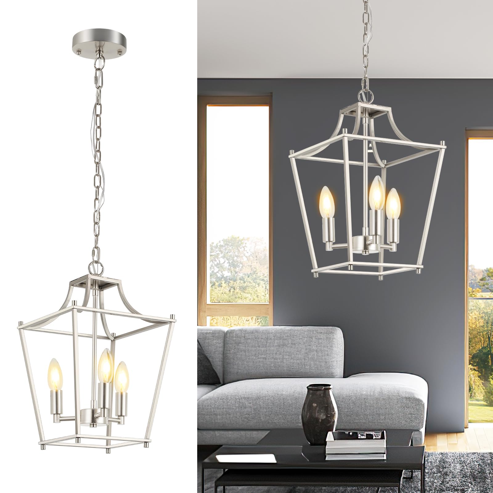 foucasal Lantern Pendant Light Brushed Nickel Pendant Light Fixtures 3-Light Lantern Light Fixture, 9.4'' Adjustable Hanging Pen
