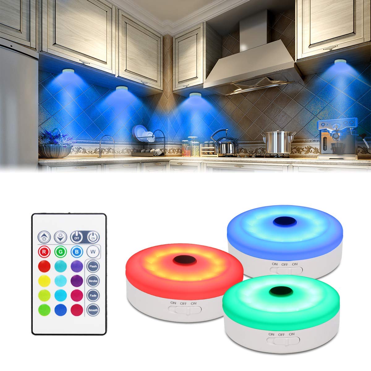 Bason Lighting Puck Lights With Remote,Under Cabinet Led Lighting,Rgb Wireless Rechargeable Light For Closet,Display Case,3 Pack