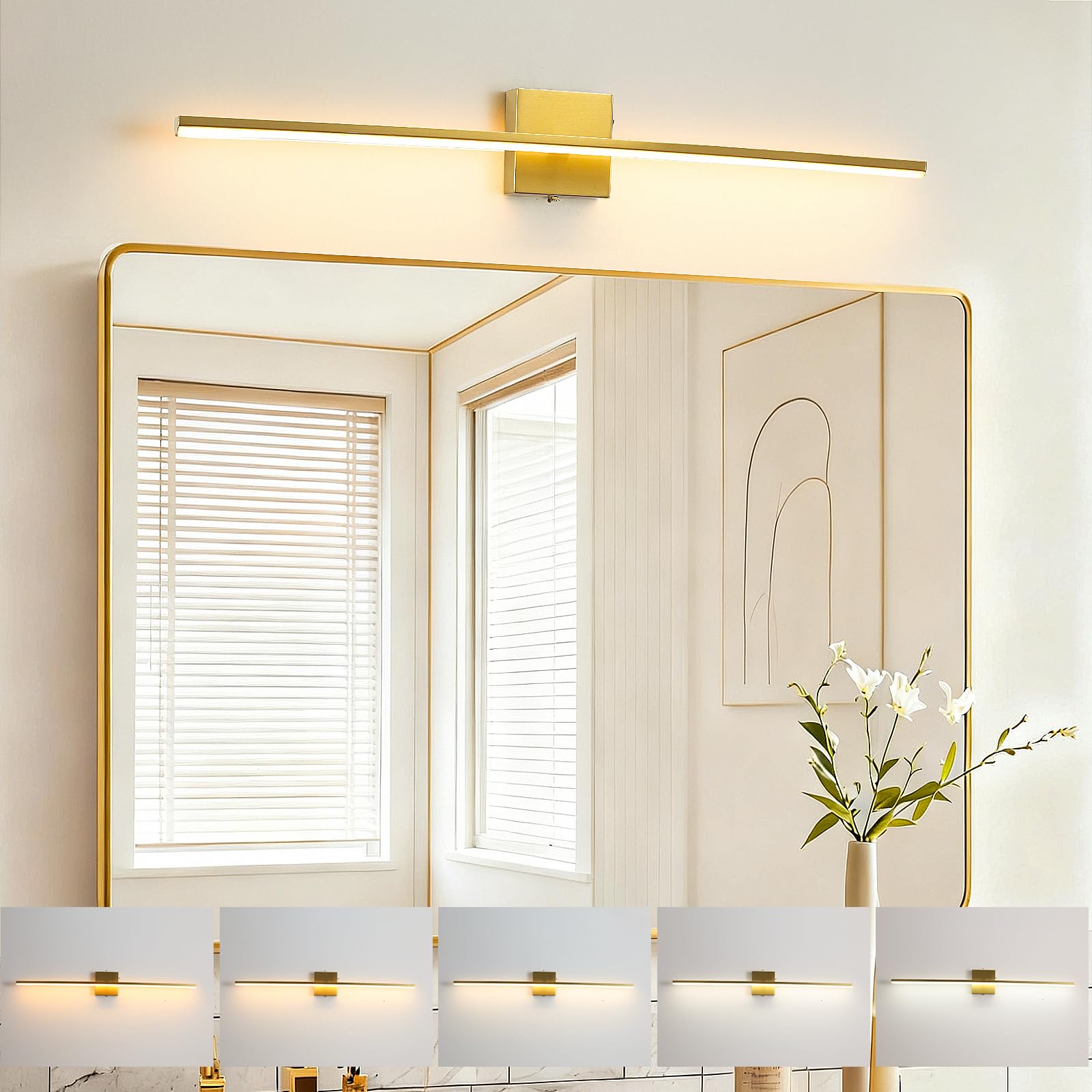 fengkiop Modern Bathroom Vanity Light 32 Inch  20W Brushed Brass Bathroom Light Fixture Over Mirror  Dimmable 5CCT LED Wall Sconce Lighting for Restro