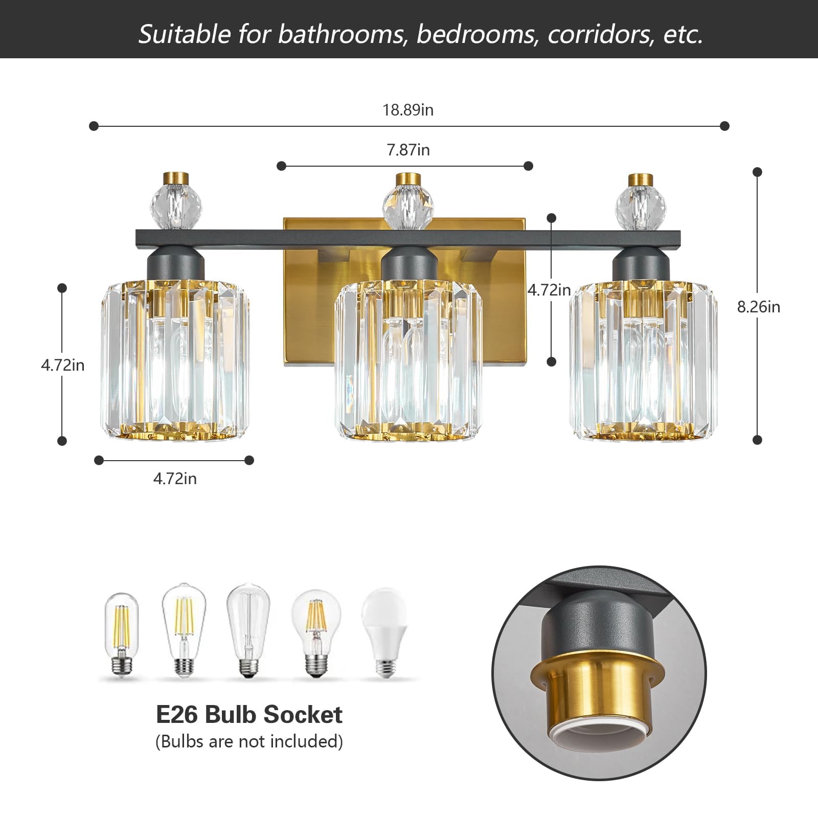FDPBY 3-Light Crystal Bathroom Vanity Lights, Black Gold Round, Model 291, Modern Over Mirror Lighting Fixtures