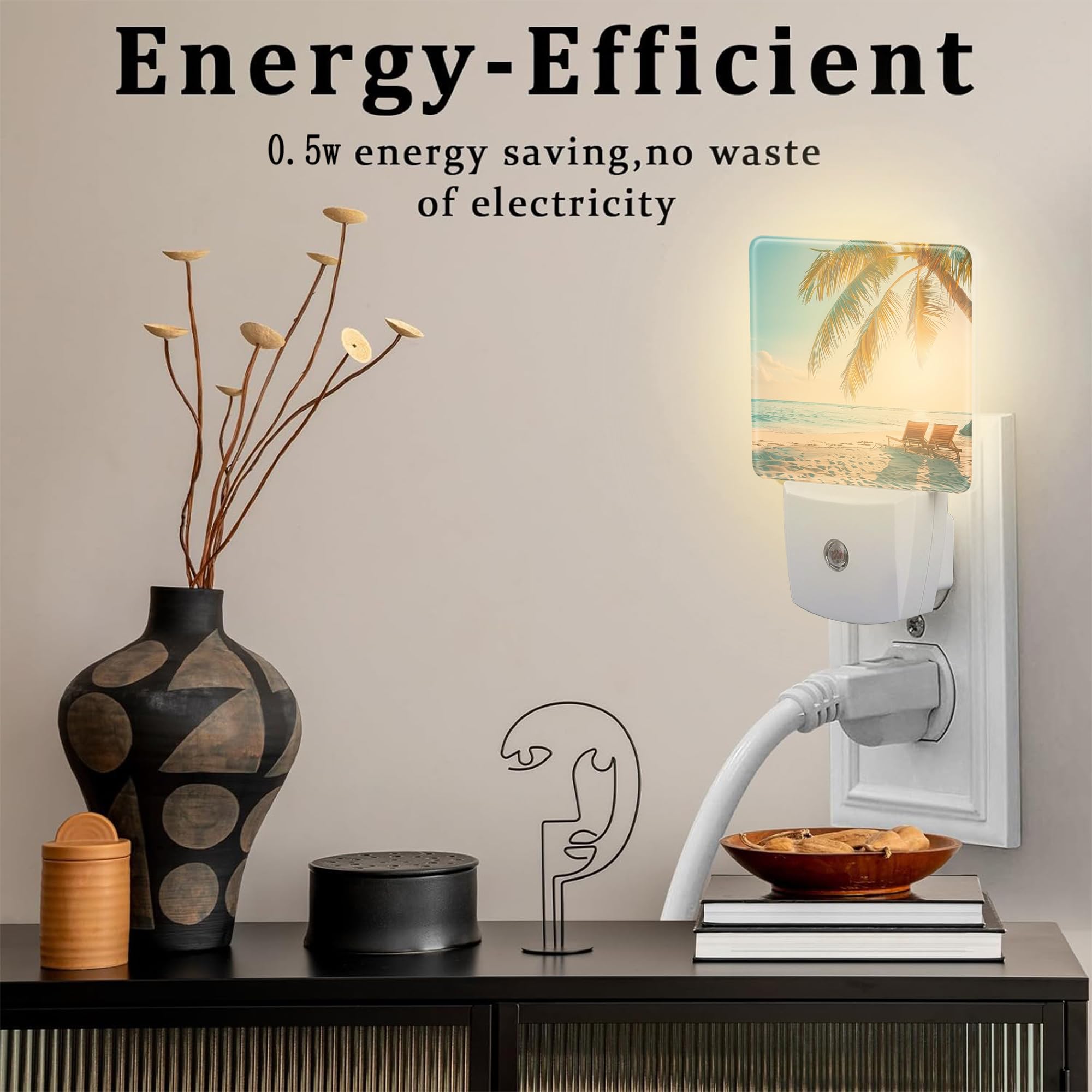 Beach And Sunset Night Light Plug Into Wall, Tropical Palm Tree And Ocean Dusk To Dawn Night Light Plug In,0.5W Energy Saving Sl