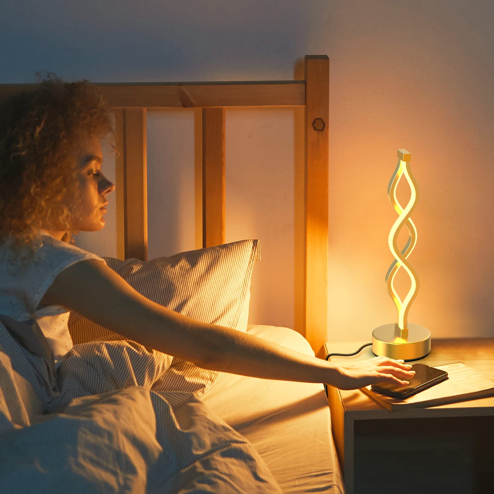 Nur Gold Infinity Spiral Led Table Lamp, Lamps For Bedrooms Dimmable Metallic Bedside Lamp With Touch Controller, 3 Colour Tempe