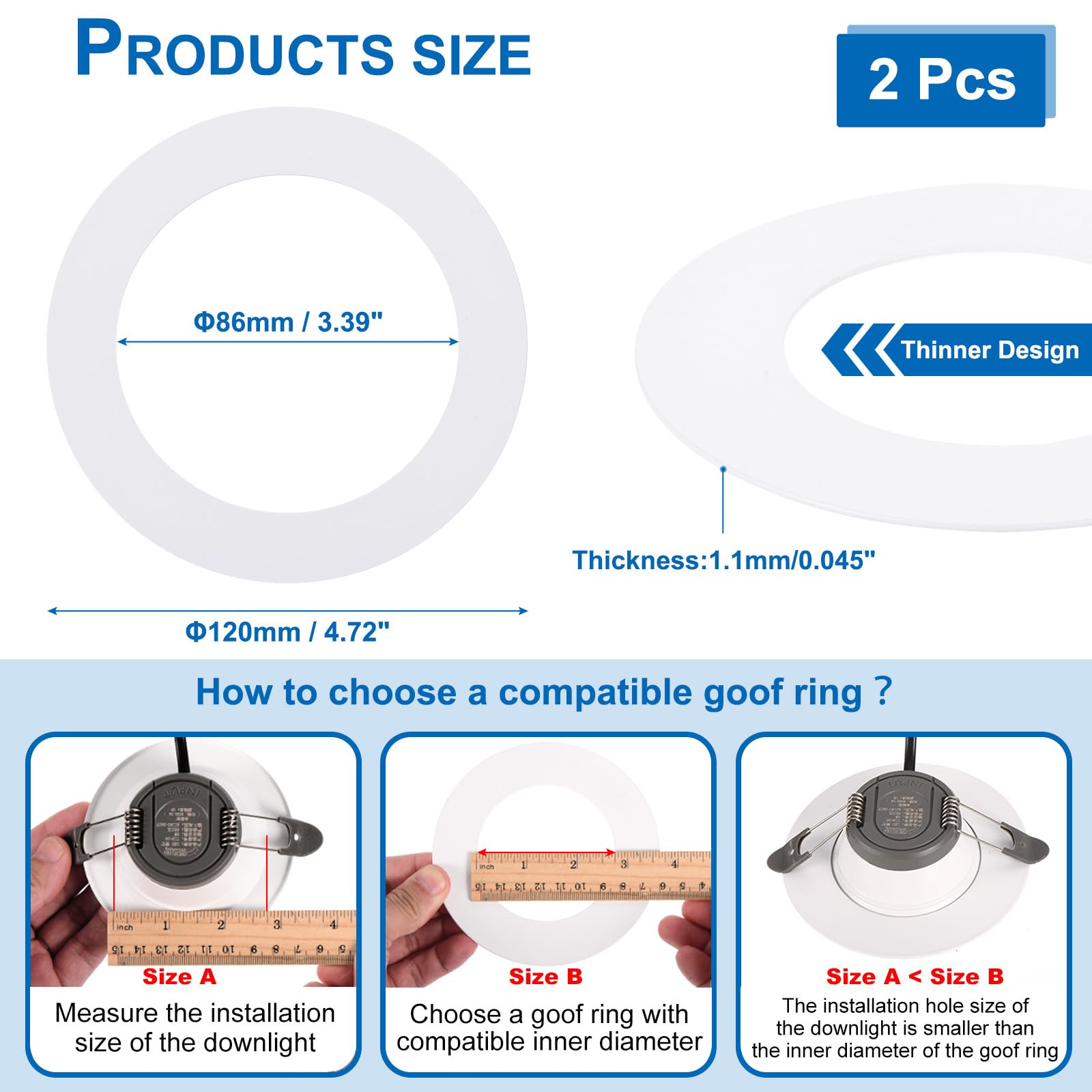 PATIKIL Metal Goof Trim, 2 Pcs Circular Ceiling Light Cover Ring, 4.72in OD x 3.39in ID, White, Alloy Steel