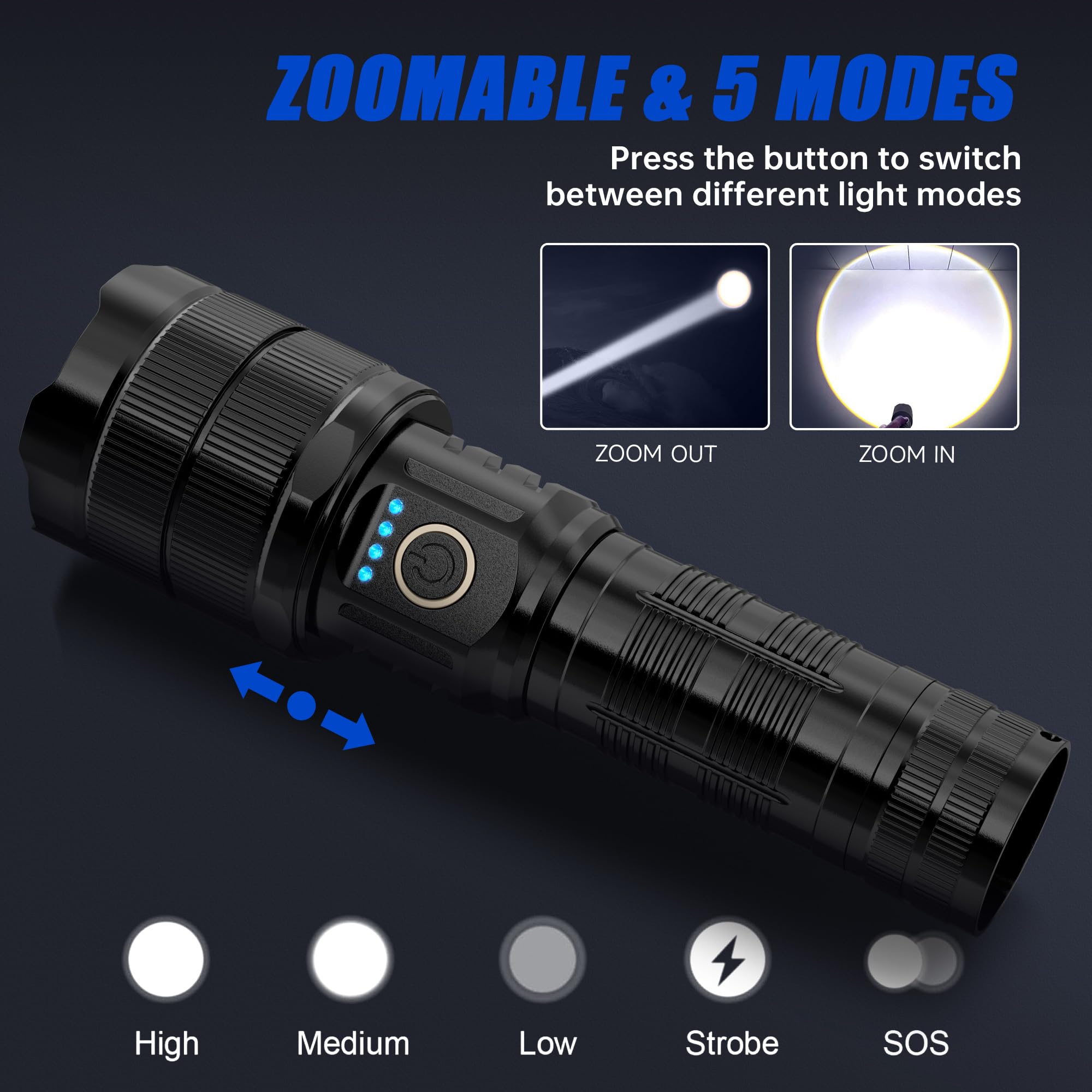 Tecbott Rechargeable Flashlights 900000 High Lumens Super Bright Led Flashlight High Powered Tactical Flashlights Zoomable 3 Modes Ipx6 Waterproof Handheld Flash Light For Camping Outdoor Emergencies