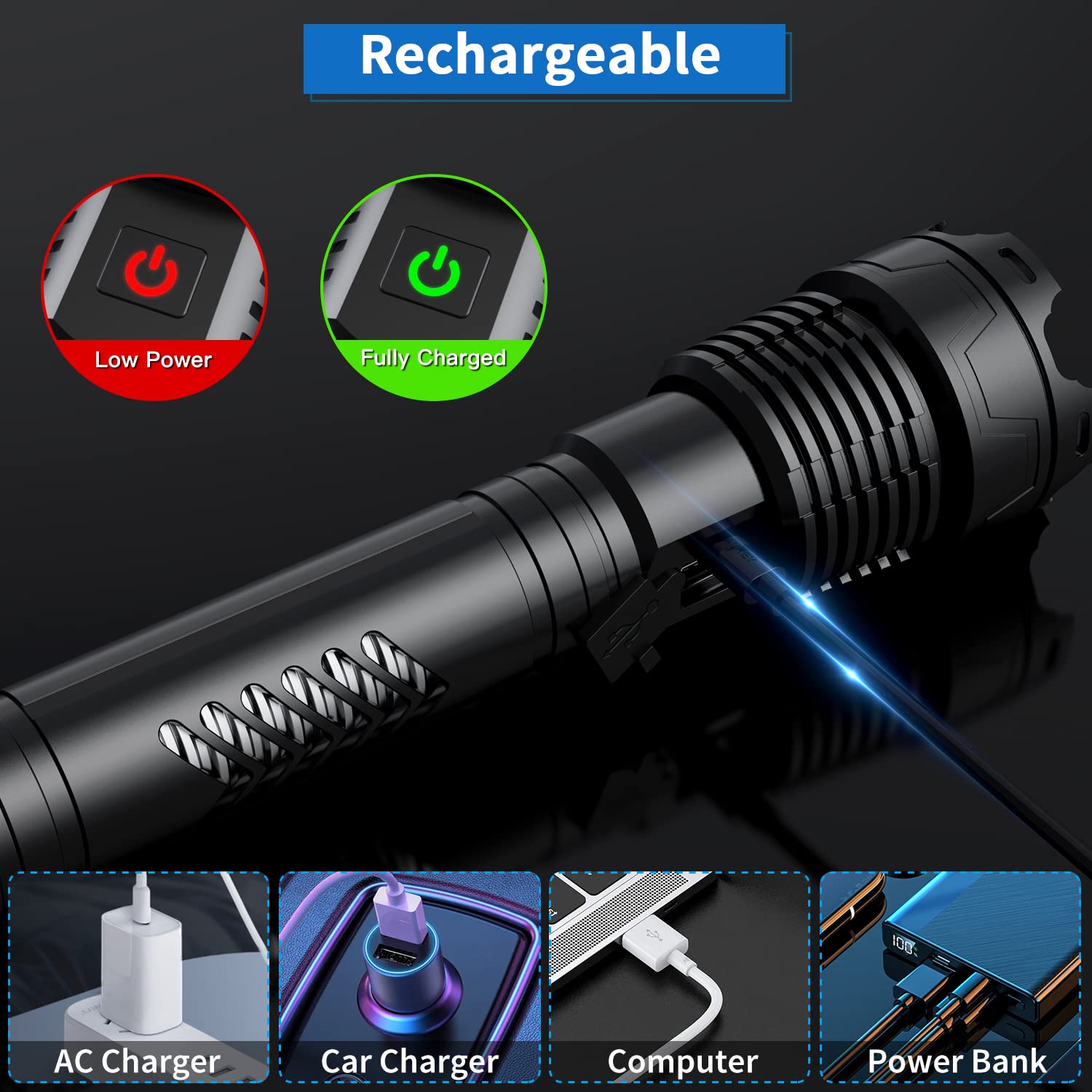 Weoxi LED Flashlight, 3600000 High Lumens, Rechargeable, Long Handle, 10000mAh, Zoomable, 5 Modes, Model XHP160-L