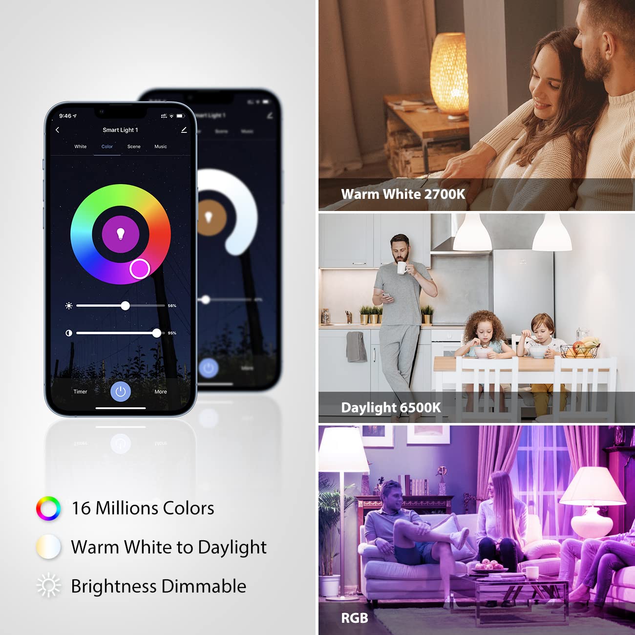 LVWIT Smart LED Light Bulbs, 8.5W, RGB Color Changing, E26, Works with Alexa & Google Assistant, 4 Count