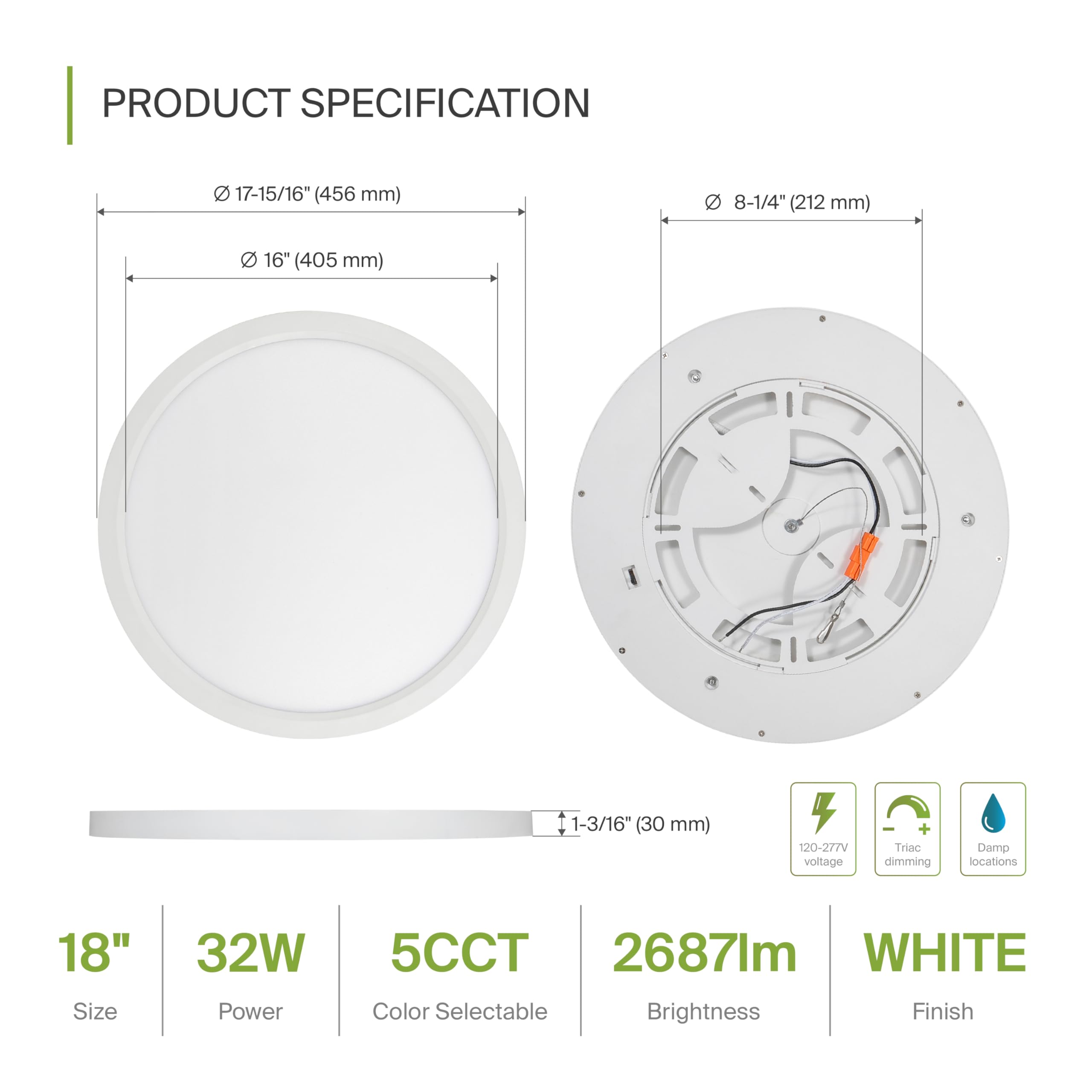 Asd Led 18 Inch Round Flush Mount Ceiling Light Fixture | 32W 2600Lm 2700-6000K 100-277V | 5Cct, Dimmable, Ultra Slim, Etl Liste